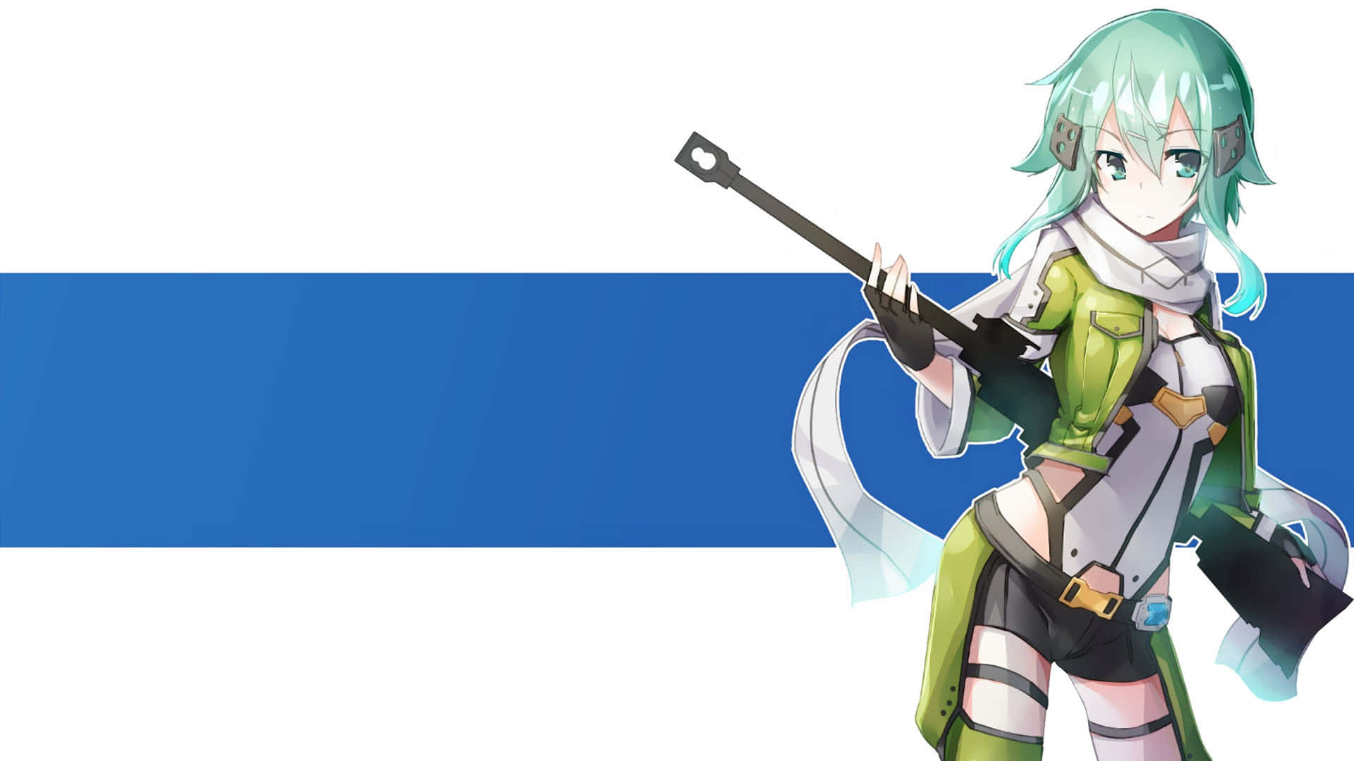 Shino Asada, teal hair, green outfit, Full HD Desktop Wallpaper