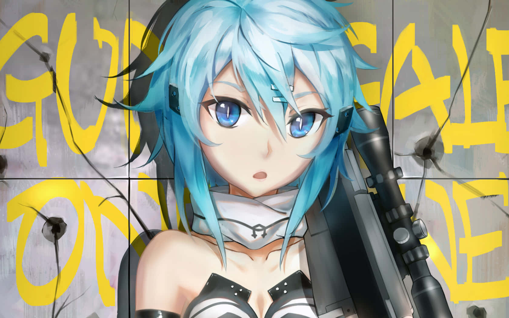 Shino Asada, blue-haired anime girl, rifle, HD Desktop Wallpaper