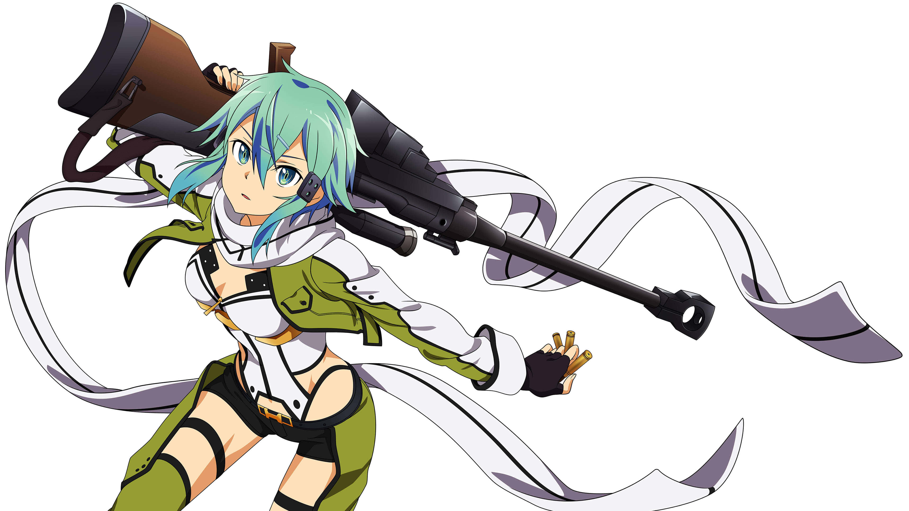 Shino Asada, teal hair, sniper rifle, 4K Desktop Wallpaper