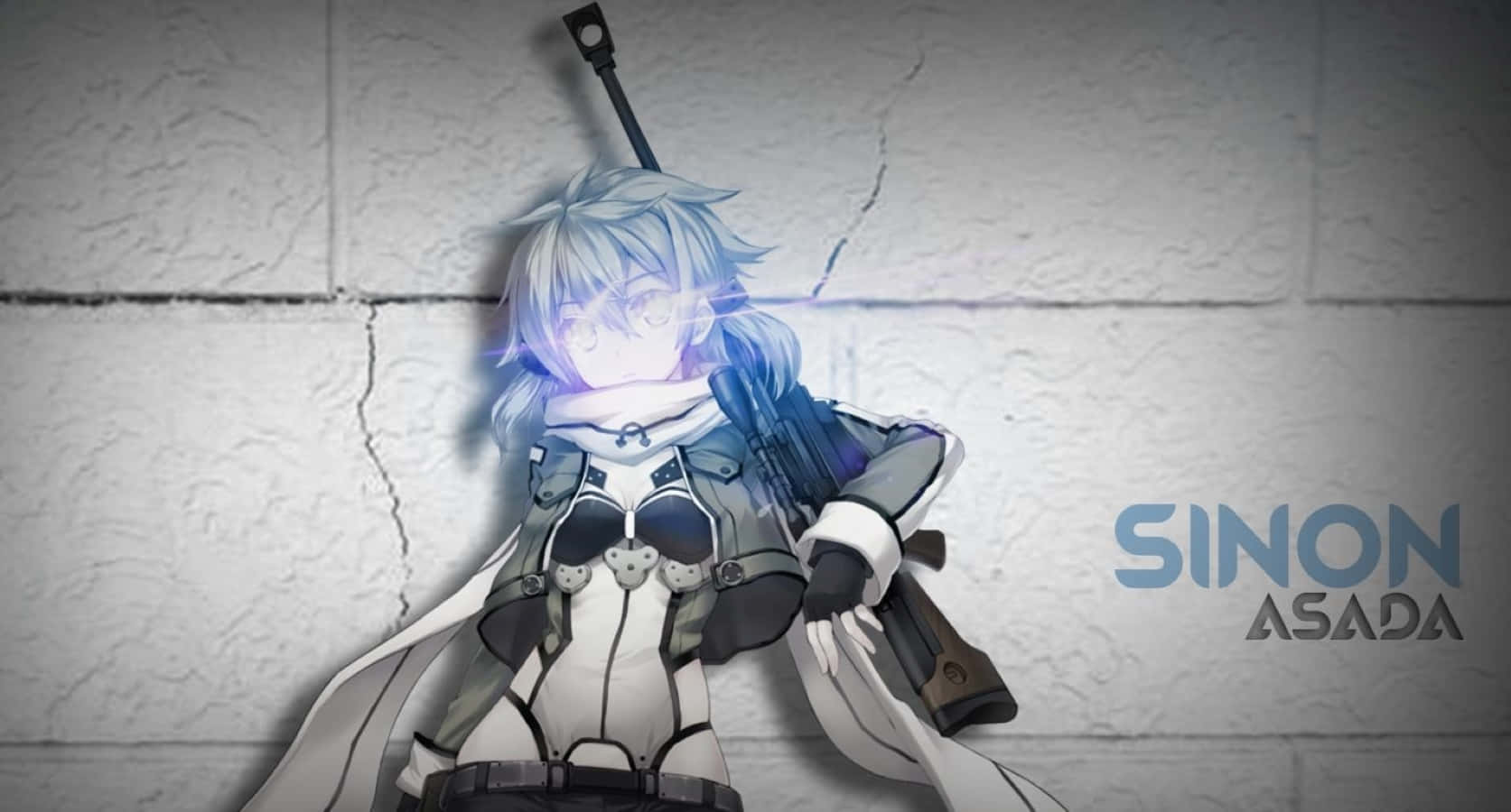 Shino Asada, glowing blue hair, cracked concrete wall, HD Desktop Wallpaper