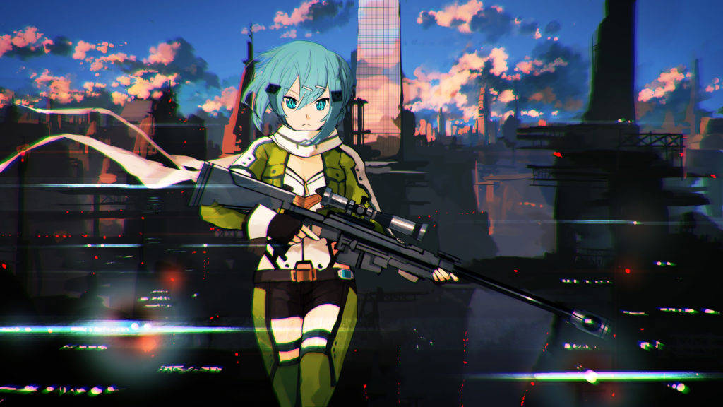 Shino Asada, cyan-haired, green tactical gear, SD Desktop Wallpaper