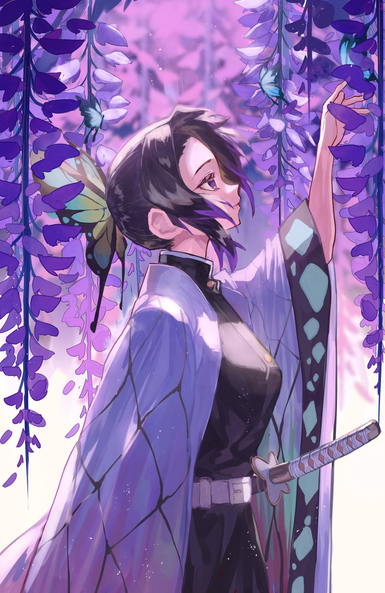 Shinobu Kocho, butterfly hairpin, purple wisteria vines, Full HD Phone Wallpaper