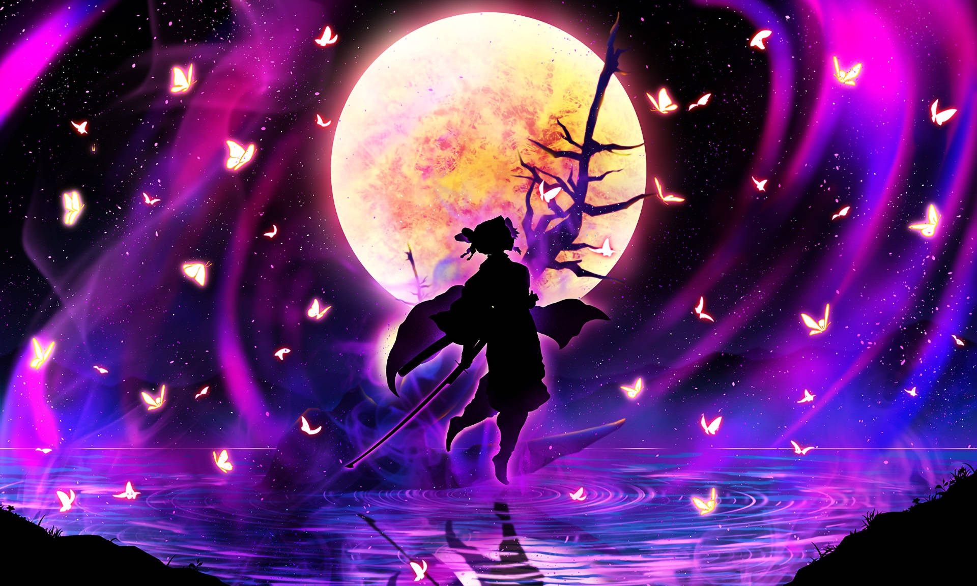 Shinobu Kocho, neon butterflies, glowing purple water, Full HD Desktop Wallpaper