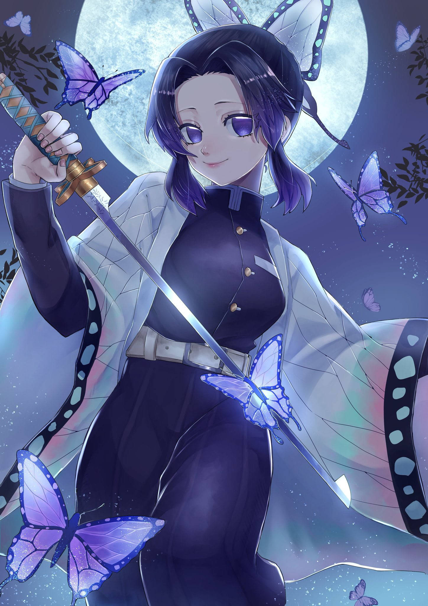 Shinobu Kocho, full moon, purple hair, Full HD Phone Wallpaper