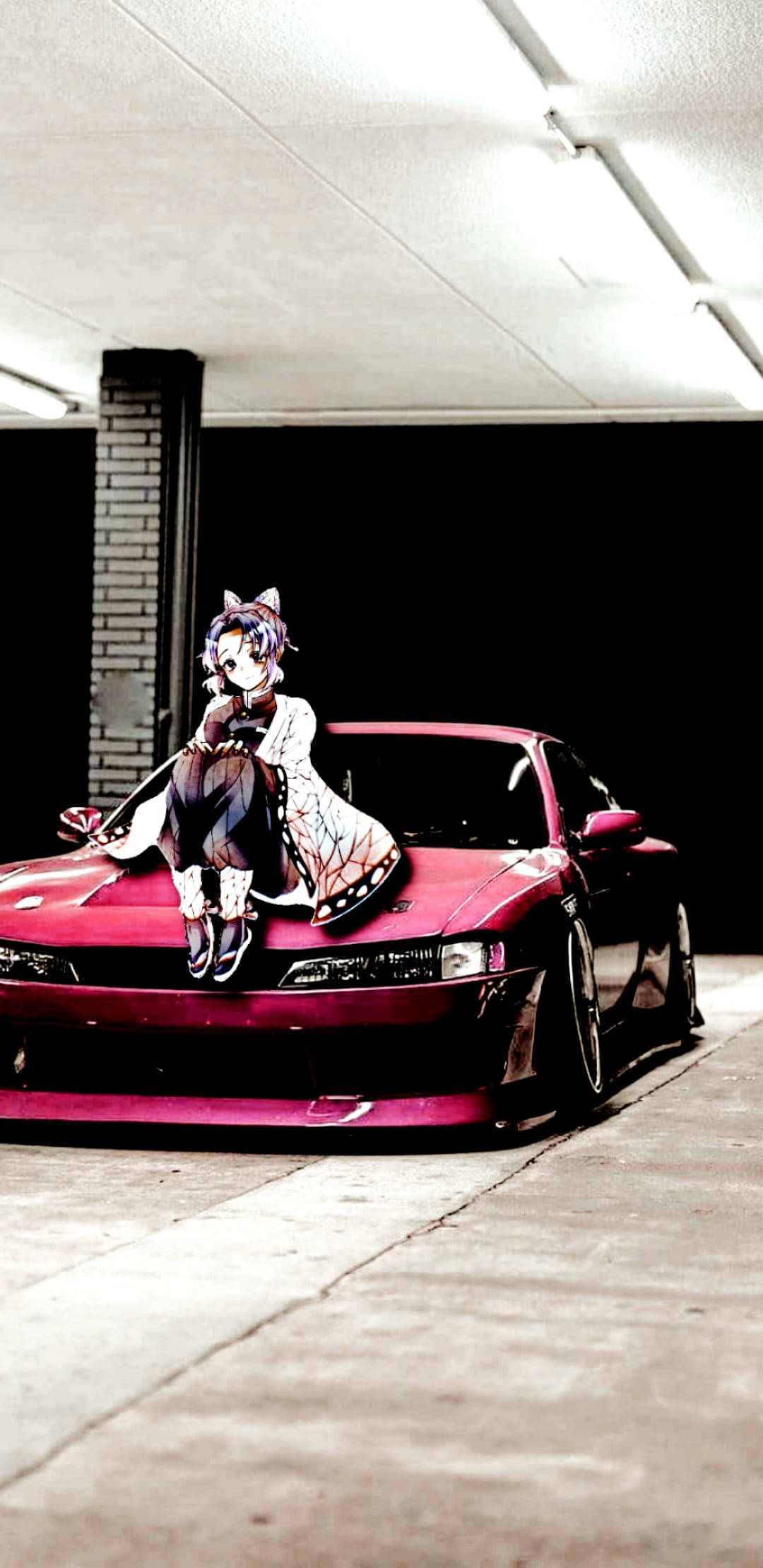 Shinobu Kocho, butterfly wings, vibrant pink sports car, Full HD Phone Wallpaper