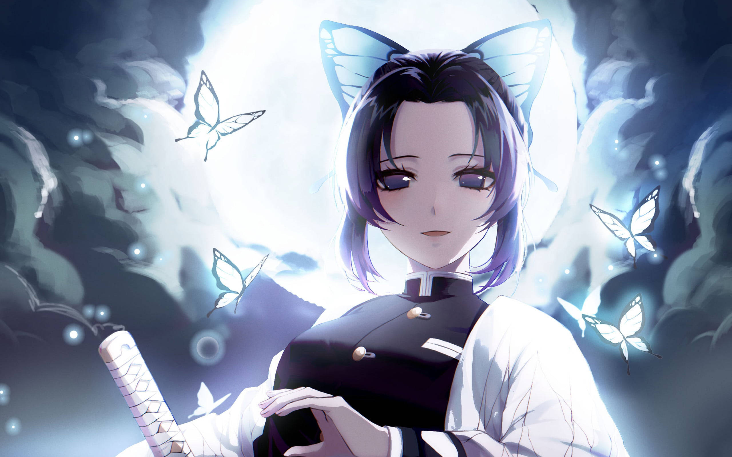Shinobu Kocho, butterfly ears, glowing wings, 2K Desktop Wallpaper