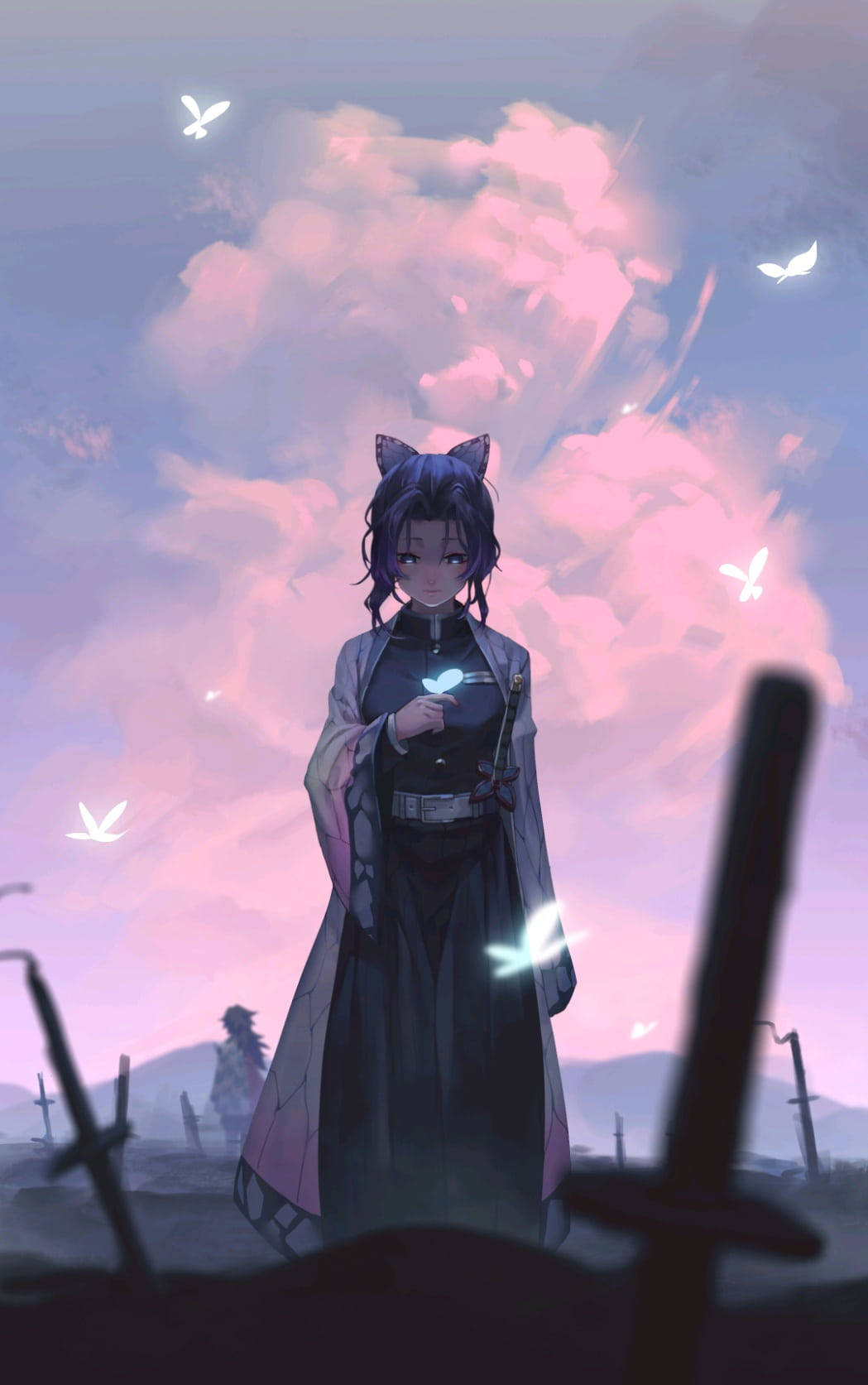 Shinobu Kocho, glowing butterflies, pink twilight sky, HD Phone Wallpaper