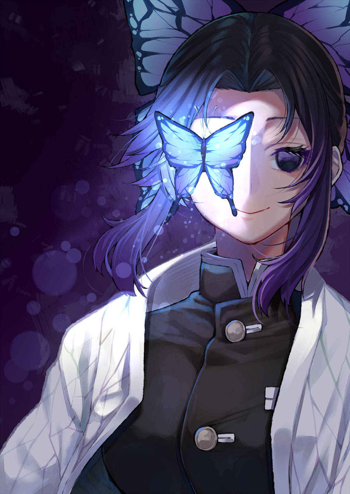 Shinobu Kocho, purple hair, glowing blue butterfly, HD Phone Wallpaper