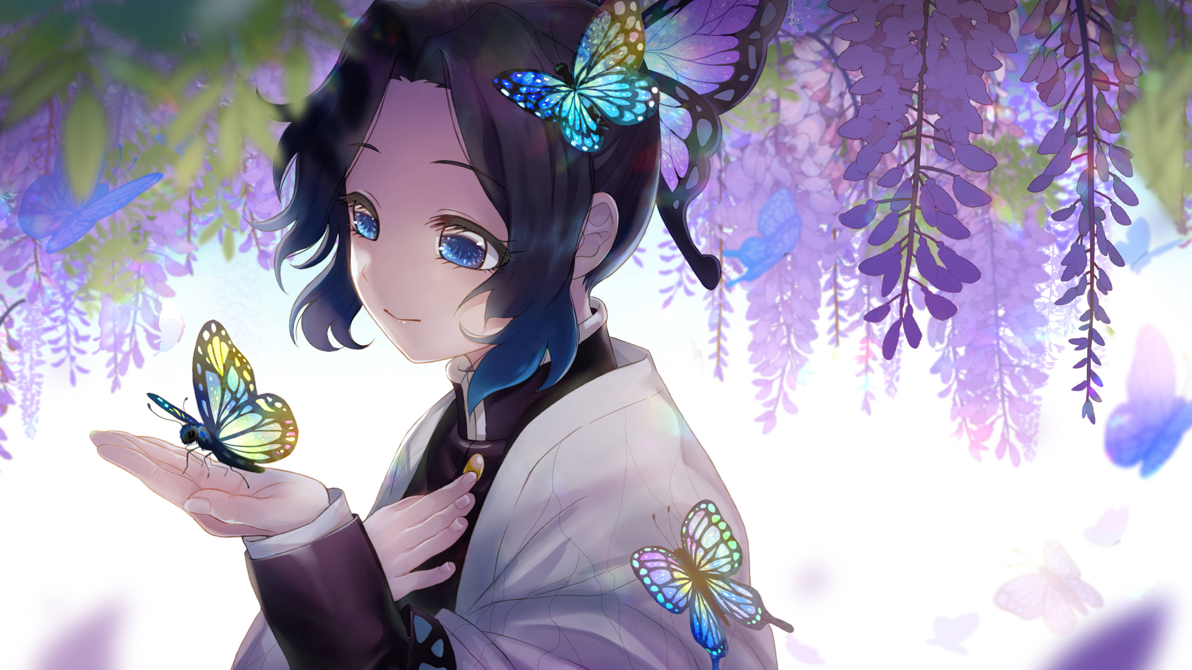 Shinobu Kocho, butterflies, purple wisteria flowers, 4K Desktop Wallpaper
