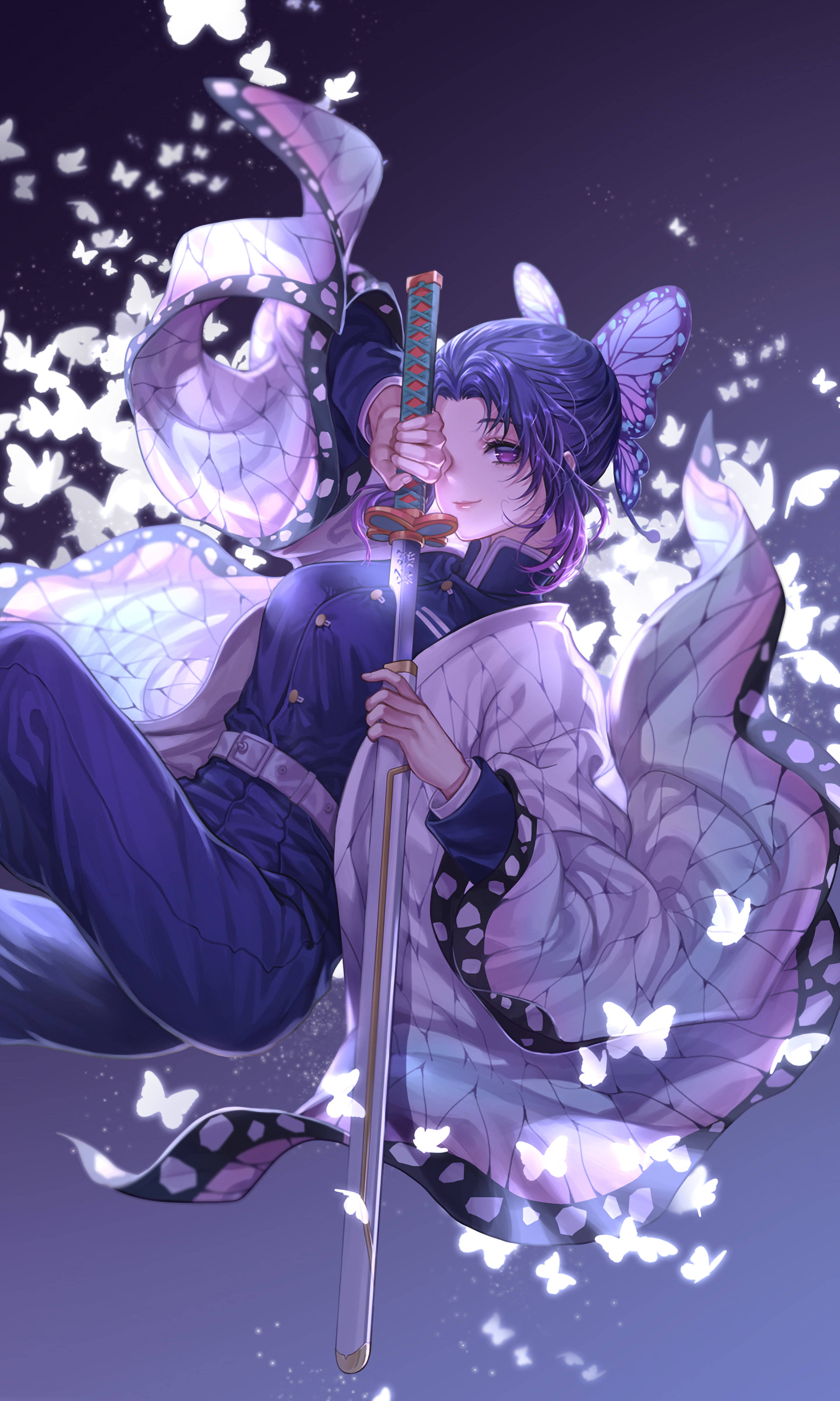 Shinobu Kocho, purple-haired, butterfly wings, 5K Phone Wallpaper