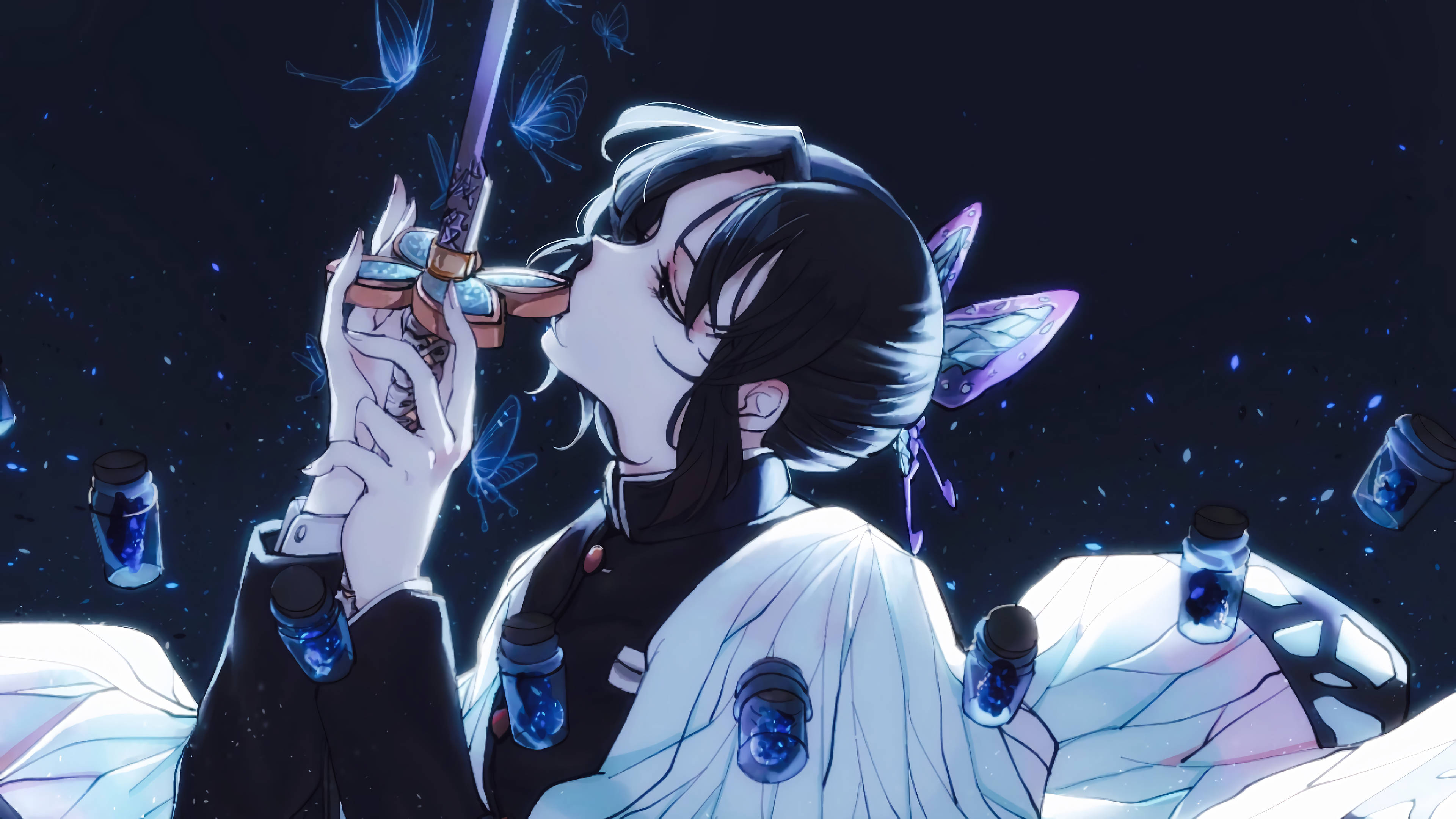 Shinobu Kocho, katana, glowing blue butterflies, 4K Desktop Wallpaper