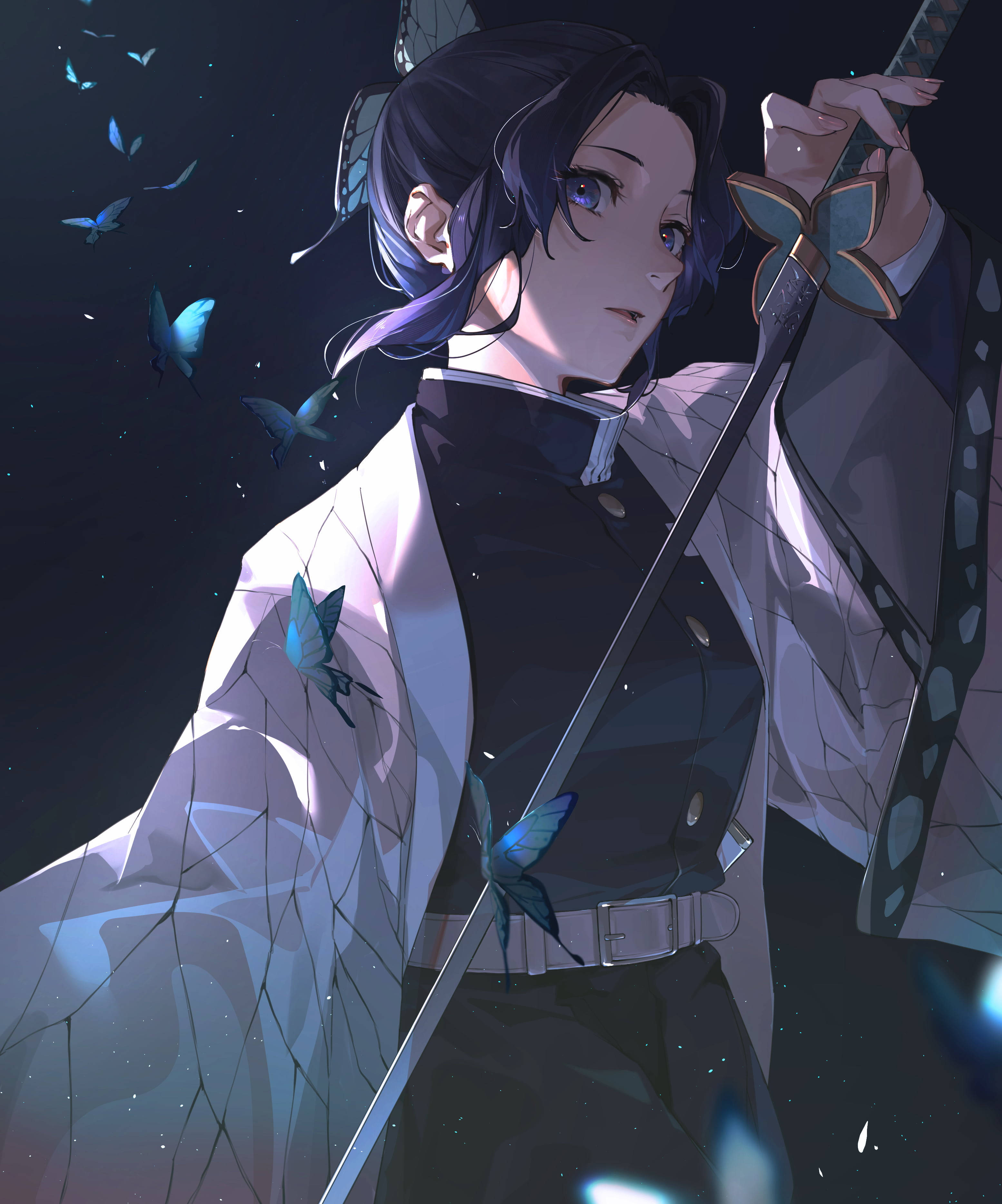 Shinobu Kocho, butterfly motifs, sword, 2K Phone Wallpaper