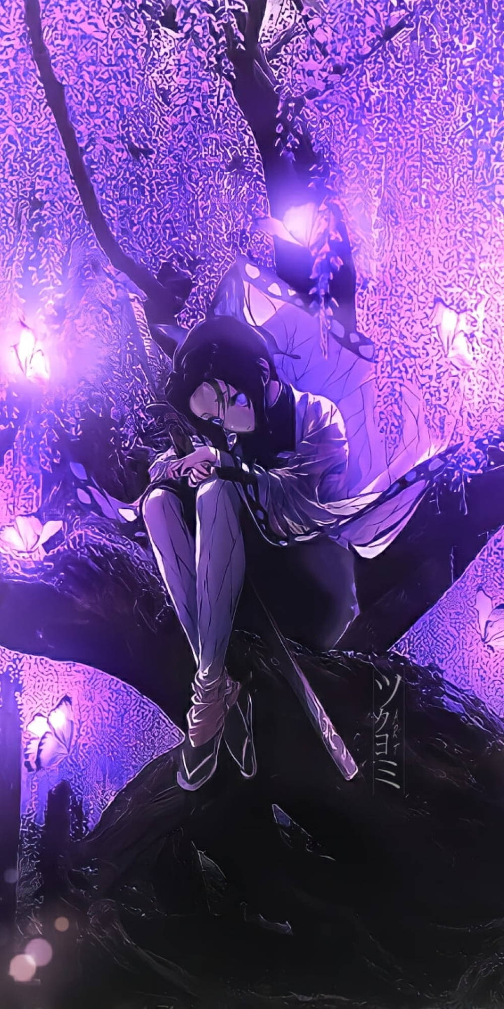 Shinobu Kocho, purple tree, glowing purple lanterns, Full HD Phone Wallpaper