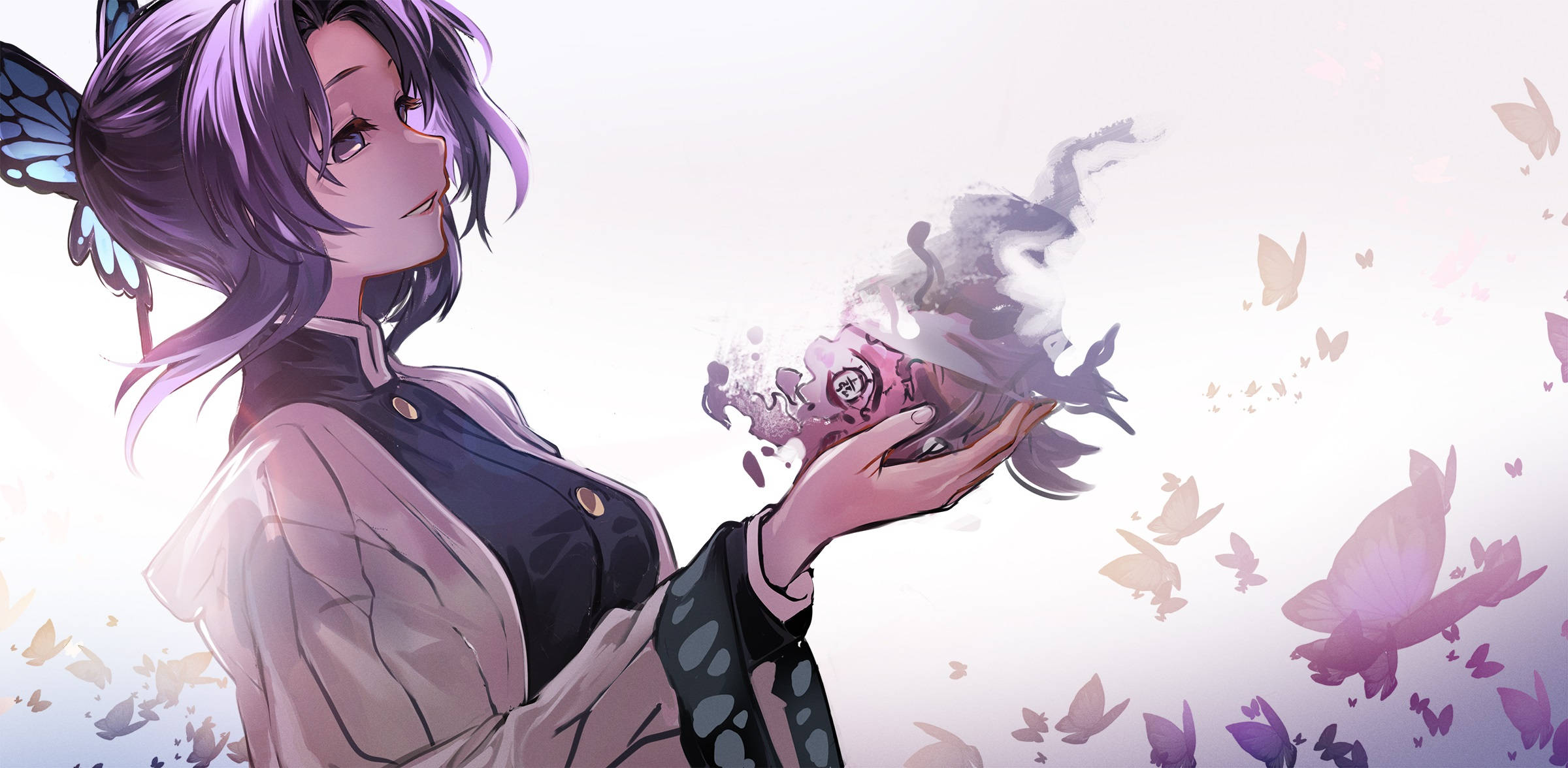 Shinobu, purple-haired anime girl, glowing pink orb, Full HD Desktop Wallpaper