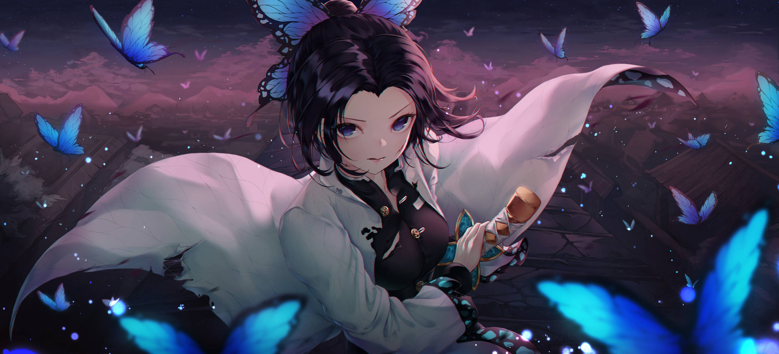 Shinobu, demon warrior, blue butterflies, 2K Desktop Wallpaper