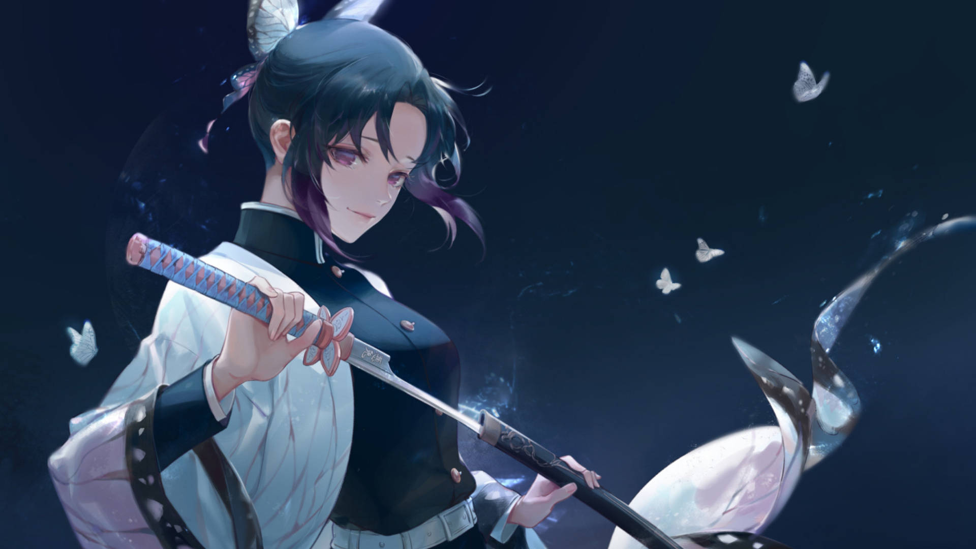 Shinobu, katana, dark hair, Full HD Desktop Wallpaper