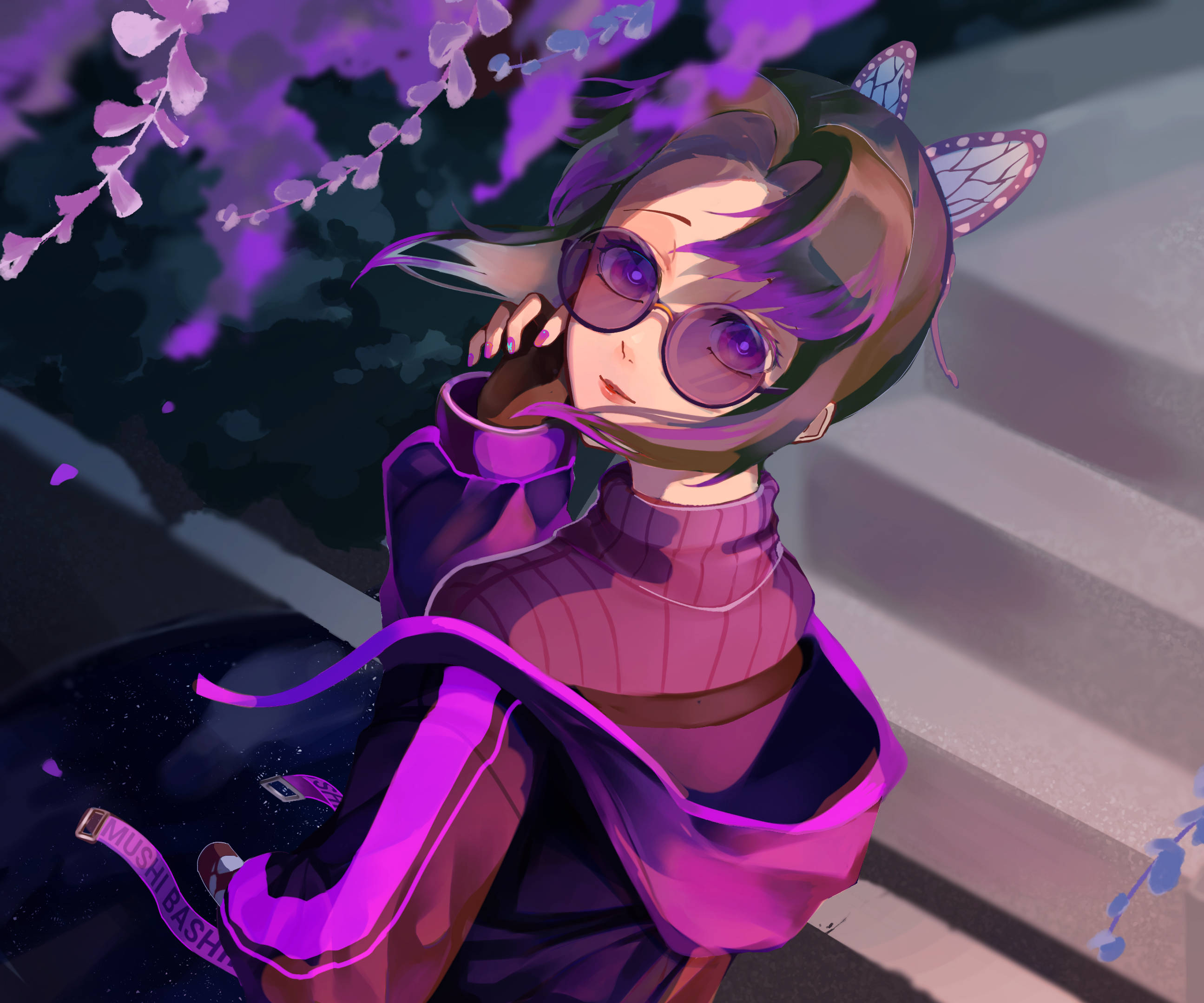 Shinobu, purple-haired, butterfly ears, 2K Desktop Wallpaper