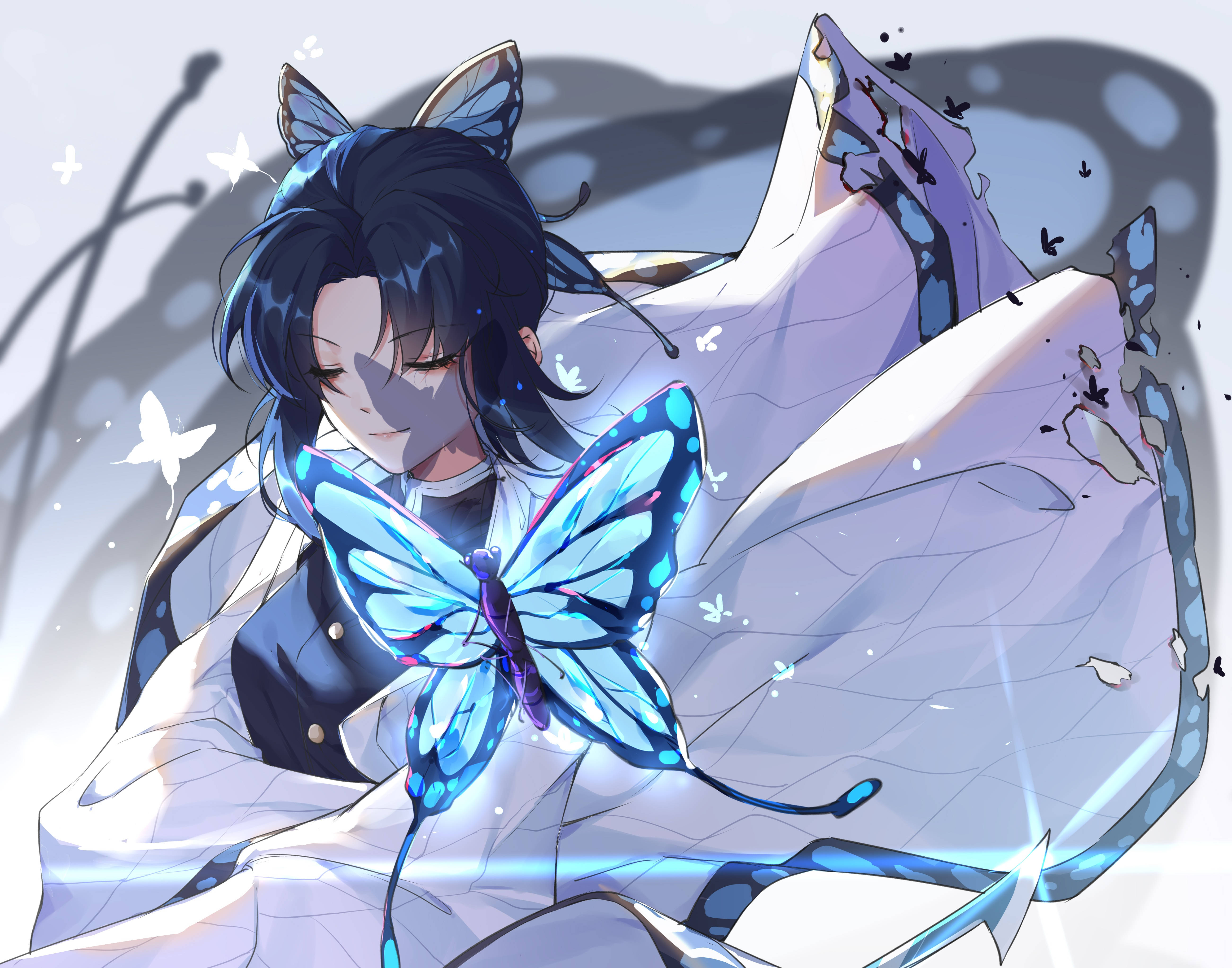 Shinobu, butterfly ears, glowing blue butterfly, 5K Desktop Wallpaper