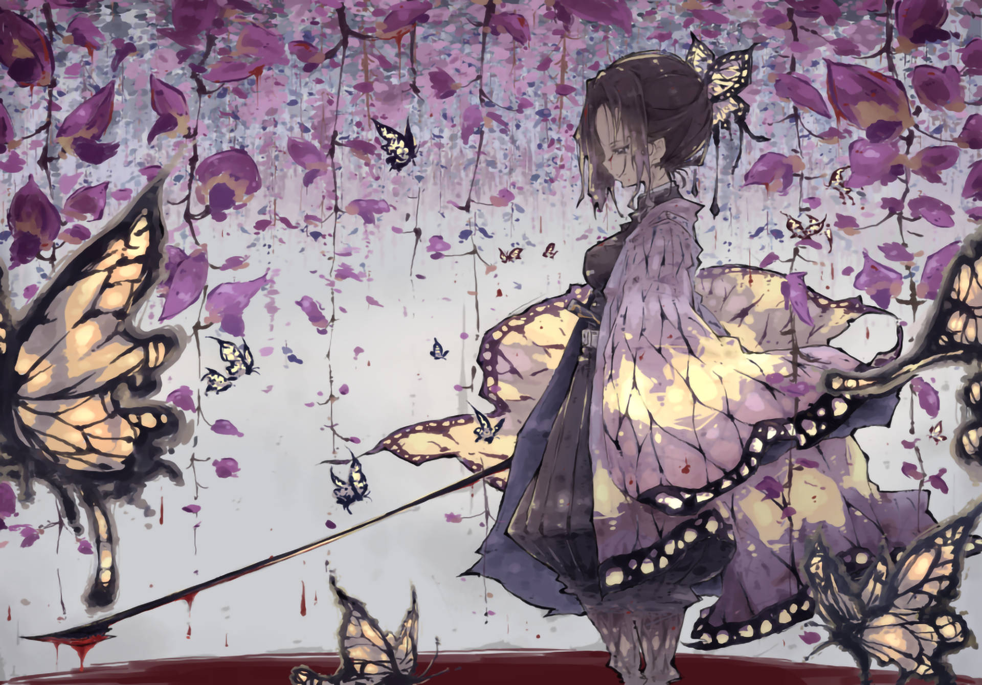 Shinobu, purple kimono, falling purple leaves, Full HD Desktop Wallpaper