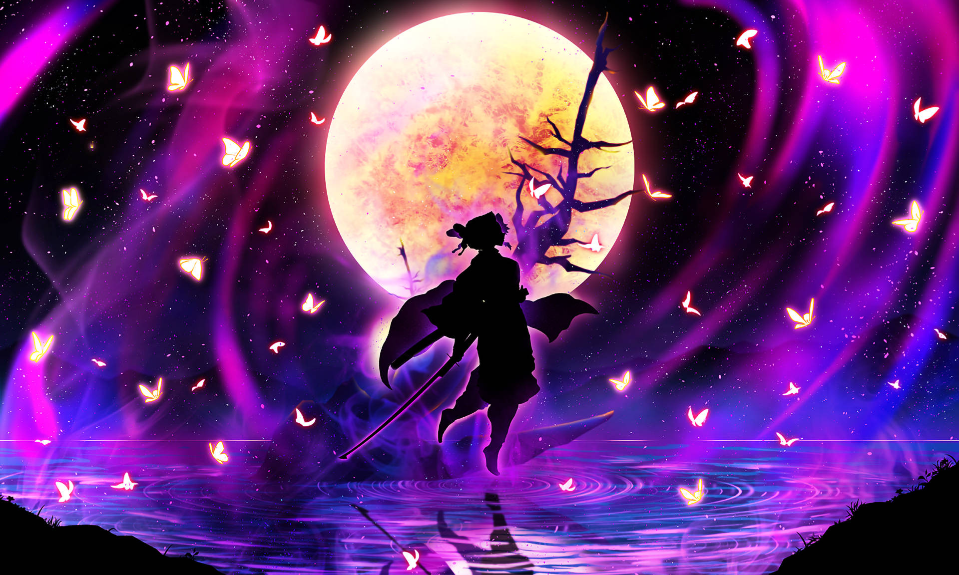 Shinobu, moon silhouette, glowing purple water, Full HD Desktop Wallpaper