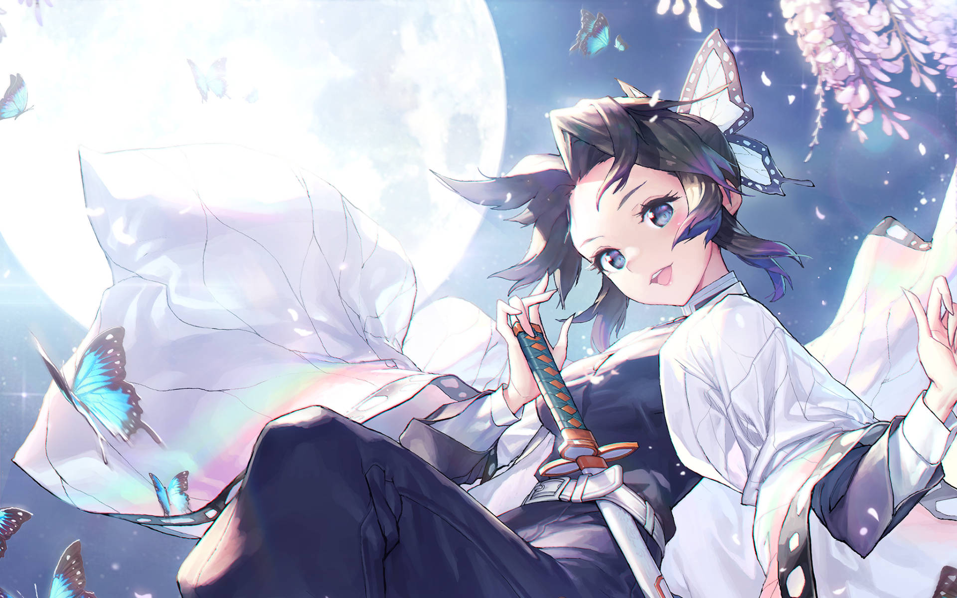 Shinobu, butterfly wings, sword, Full HD Desktop Wallpaper