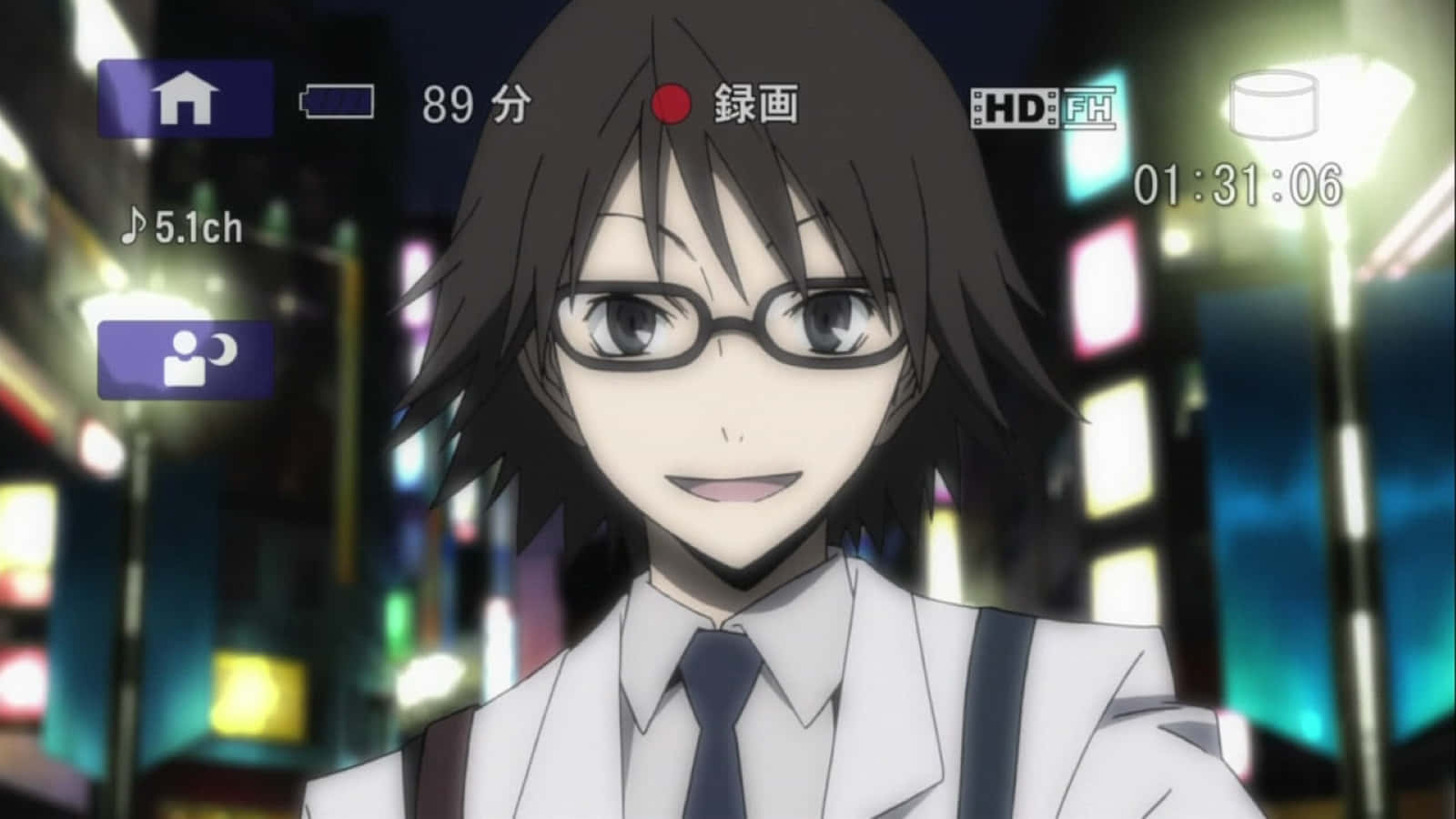 Shinra Kishitani, glasses, vibrant neon-lit cityscape, HD Desktop Wallpaper