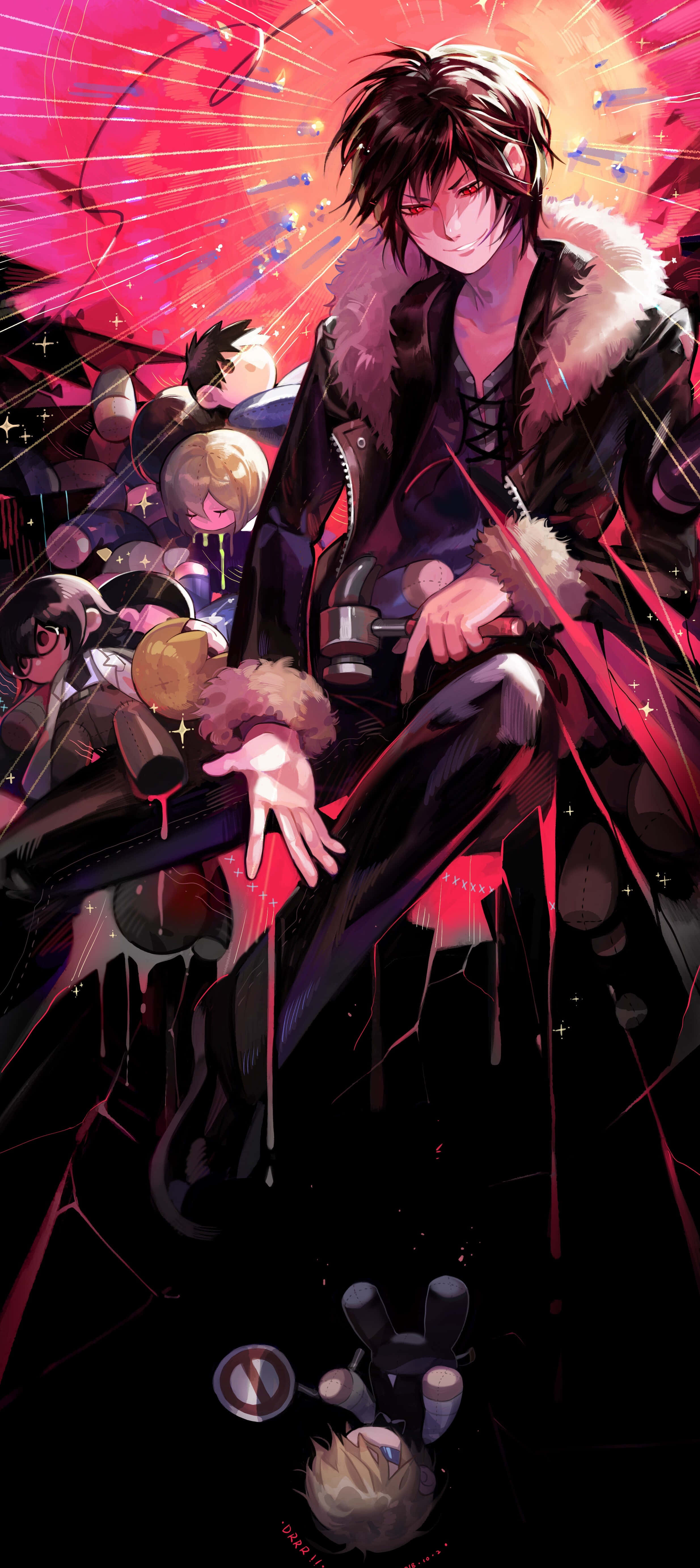 Shinra Kishitani, lab coat, vibrant red cosmic background, 5K Phone Wallpaper