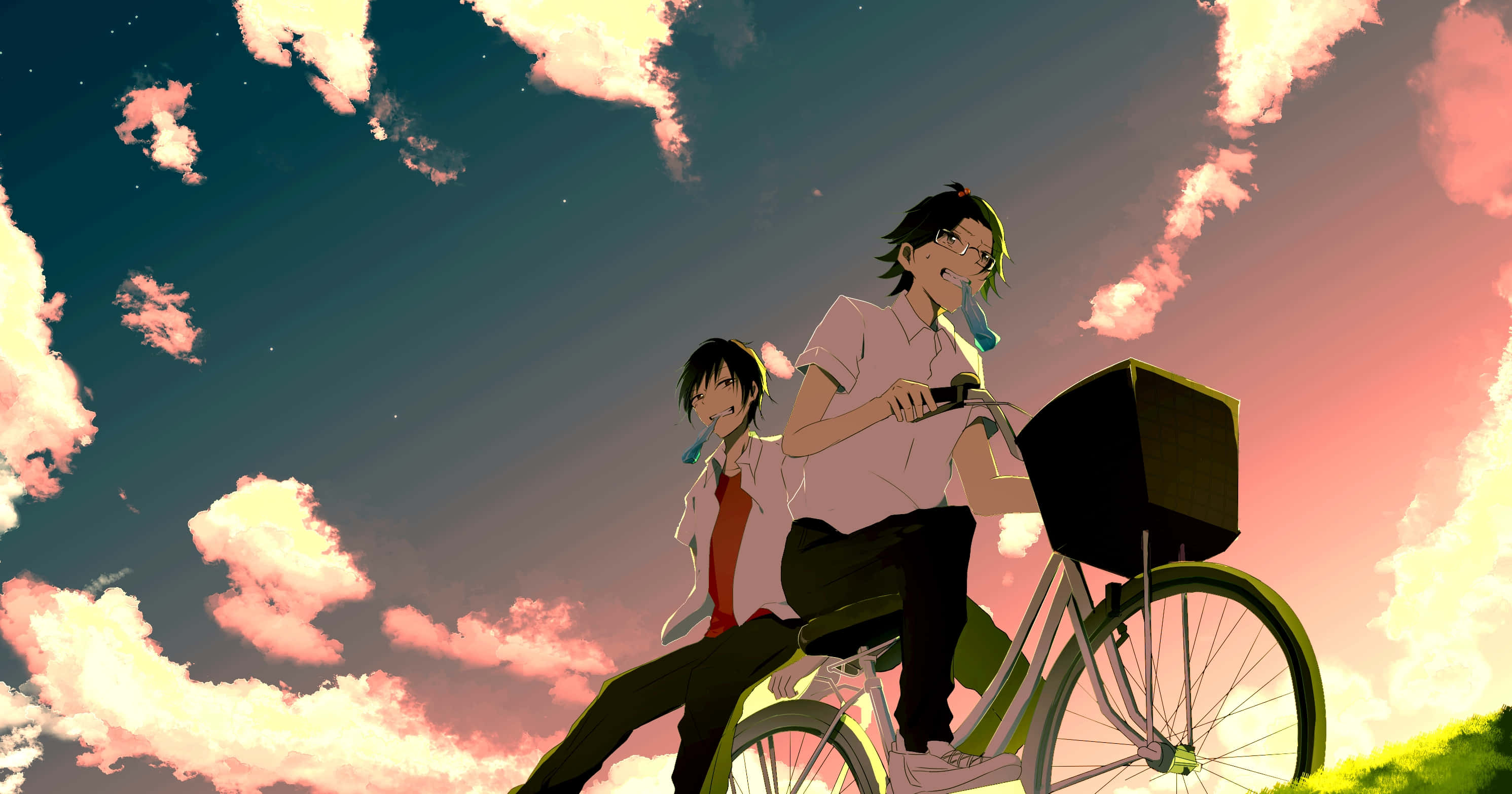 Shinra Kishitani, anime style, vibrant sunset sky, 2K Desktop Wallpaper