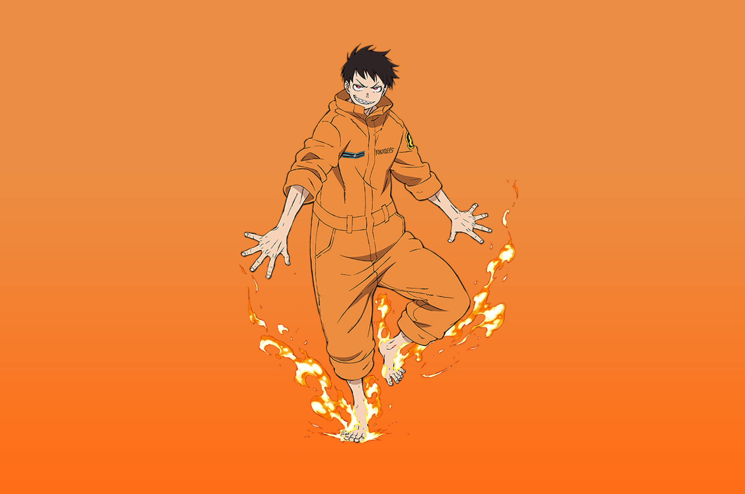 Shinra Kusakabe, orange jumpsuit, flames, 2K Desktop Wallpaper