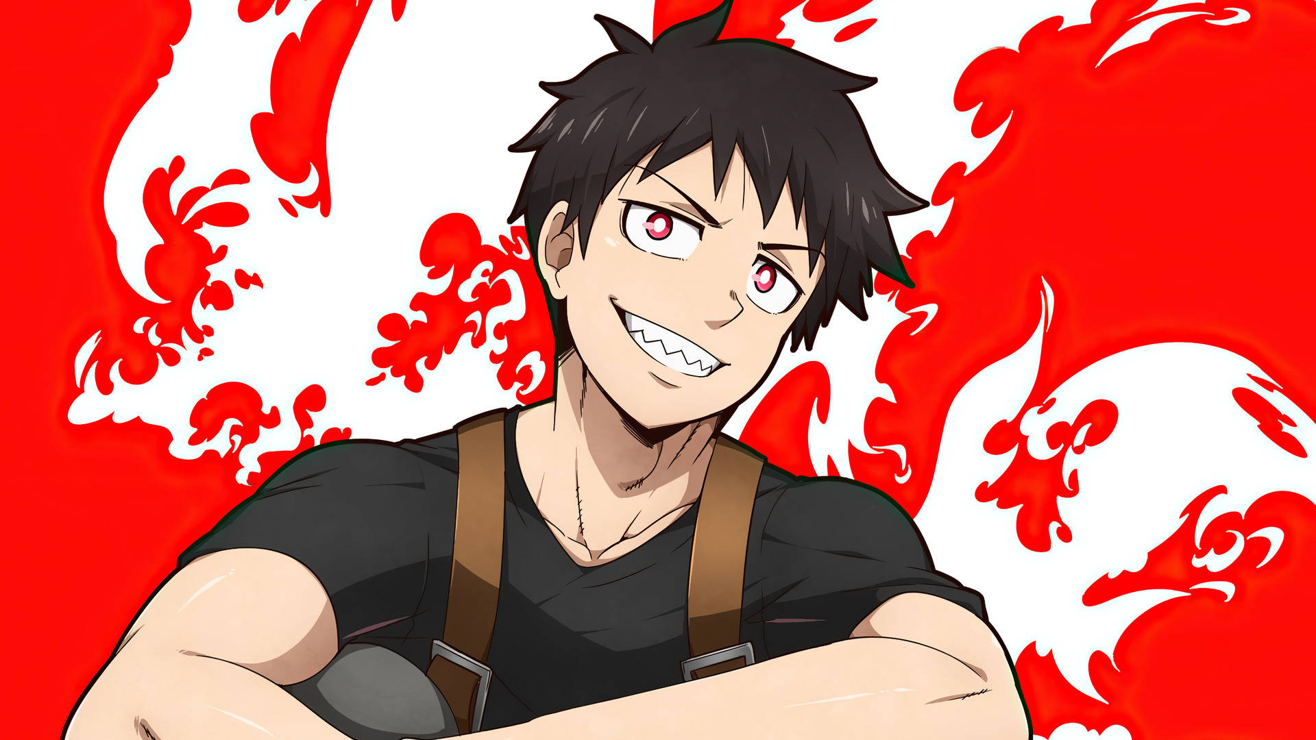 Shinra Kusakabe, spiky black hair, red eyes, Full HD Desktop Wallpaper