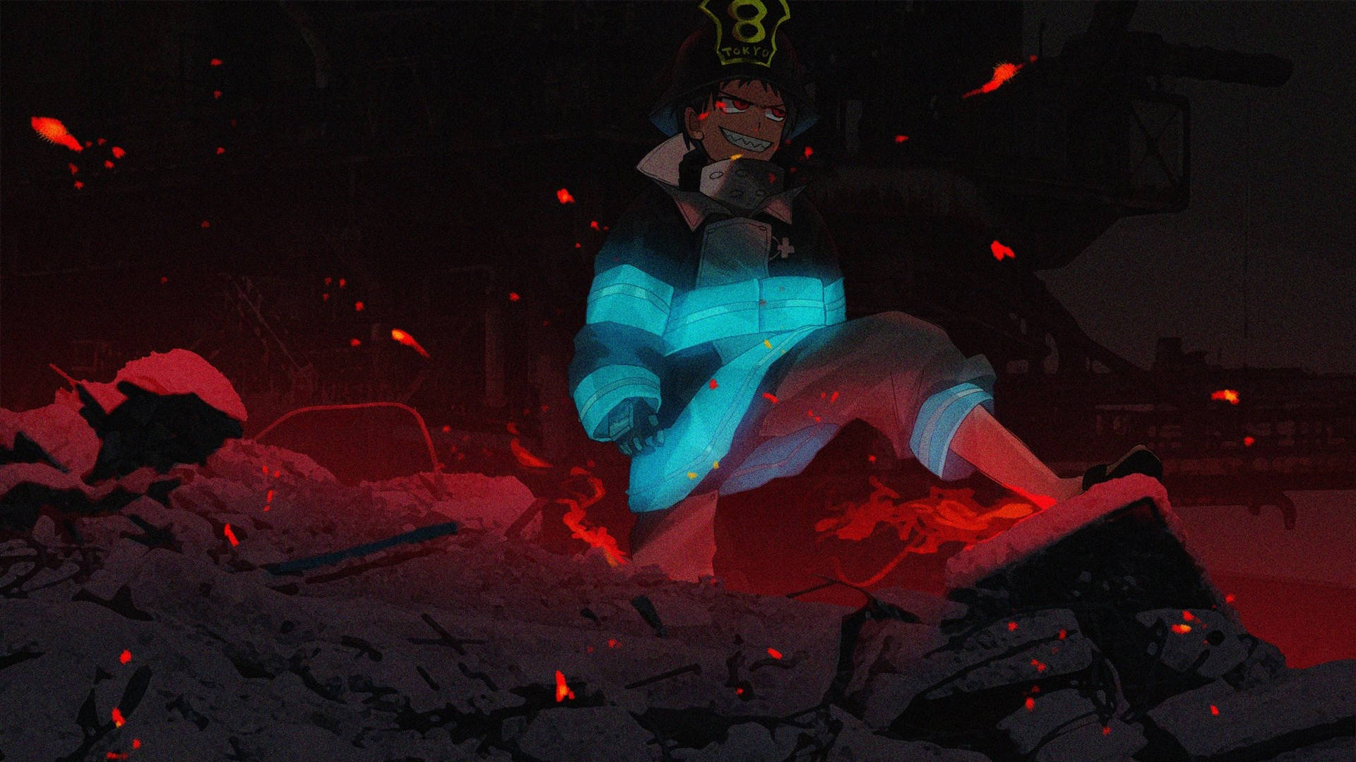 Shinra Kusakabe, glowing blue, firefighter, Full HD Desktop Wallpaper