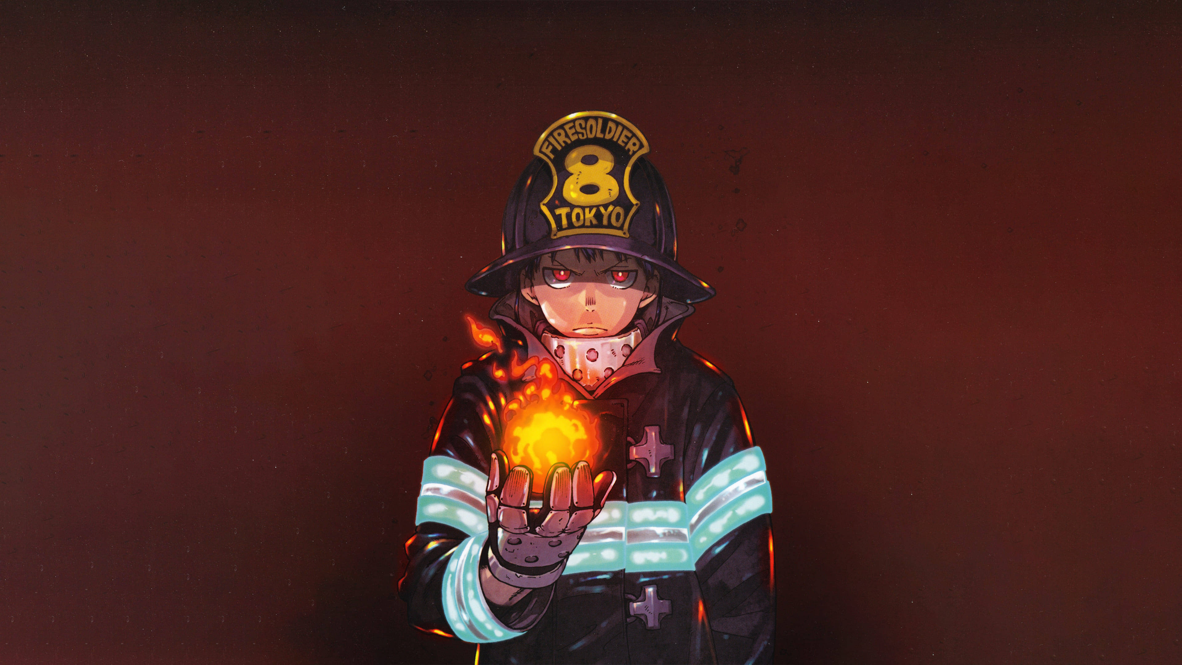 Shinra Kusakabe, firefighter, glowing orb of fire, 4K Desktop Wallpaper