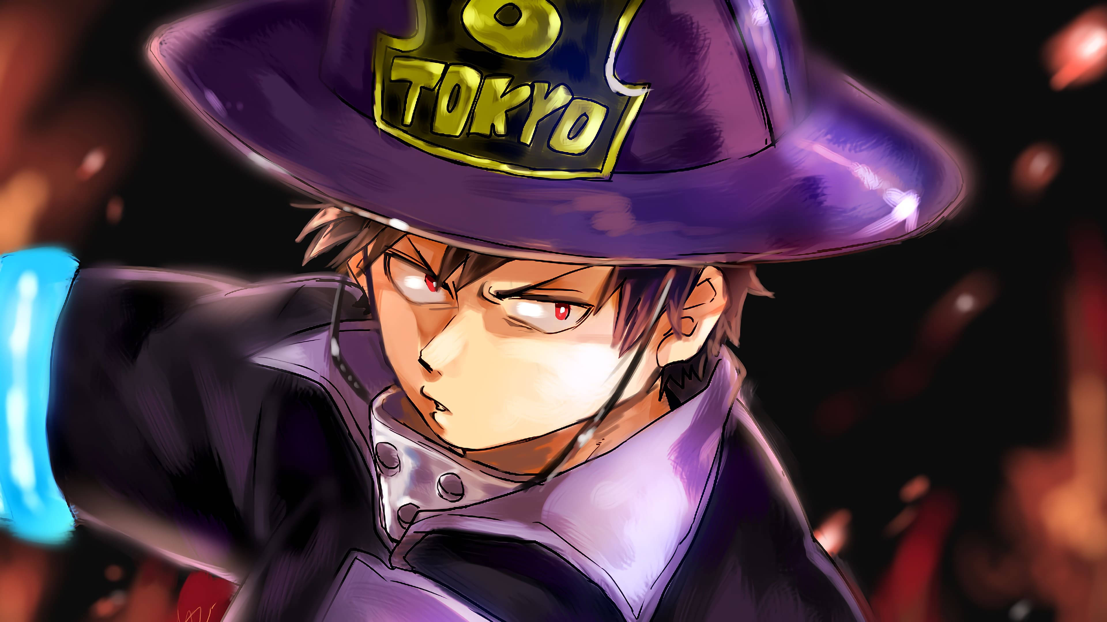 Shinra Kusakabe, purple Tokyo hat, glowing red eyes, 4K Desktop Wallpaper