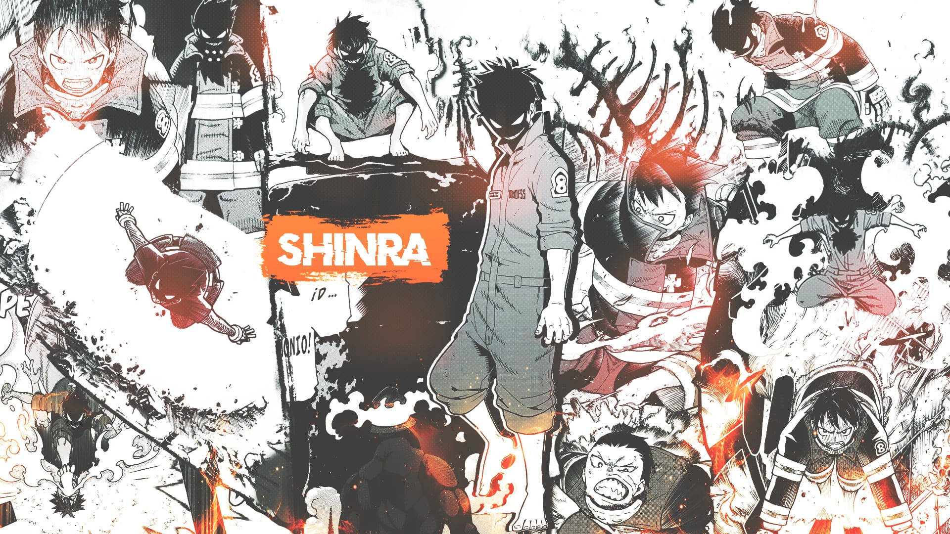 Shinra Kusakabe, black white ink splatters, fiery explosions, Full HD Desktop Wallpaper