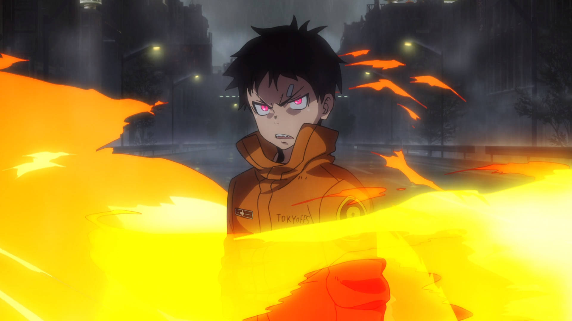 Shinra Kusakabe, glowing red eyes, fiery orange aura, Full HD Desktop Wallpaper