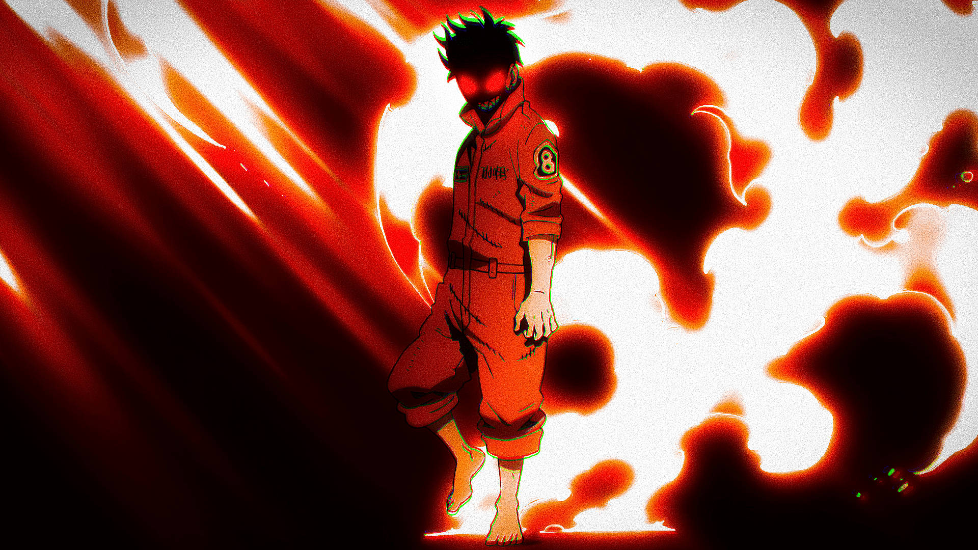 Shinra Kusakabe, orange jumpsuit, swirling red and white flames, Full HD Desktop Wallpaper