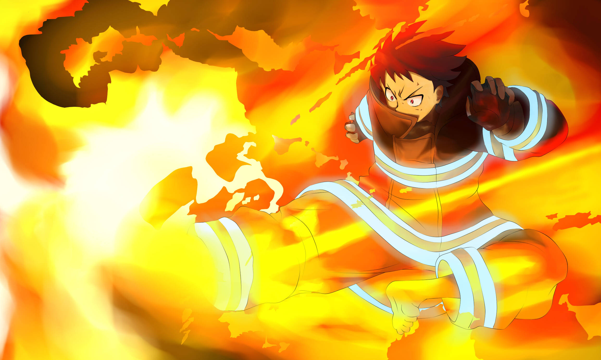 Shinra Kusakabe, firefighter suit, orange and yellow flames, Full HD Desktop Wallpaper