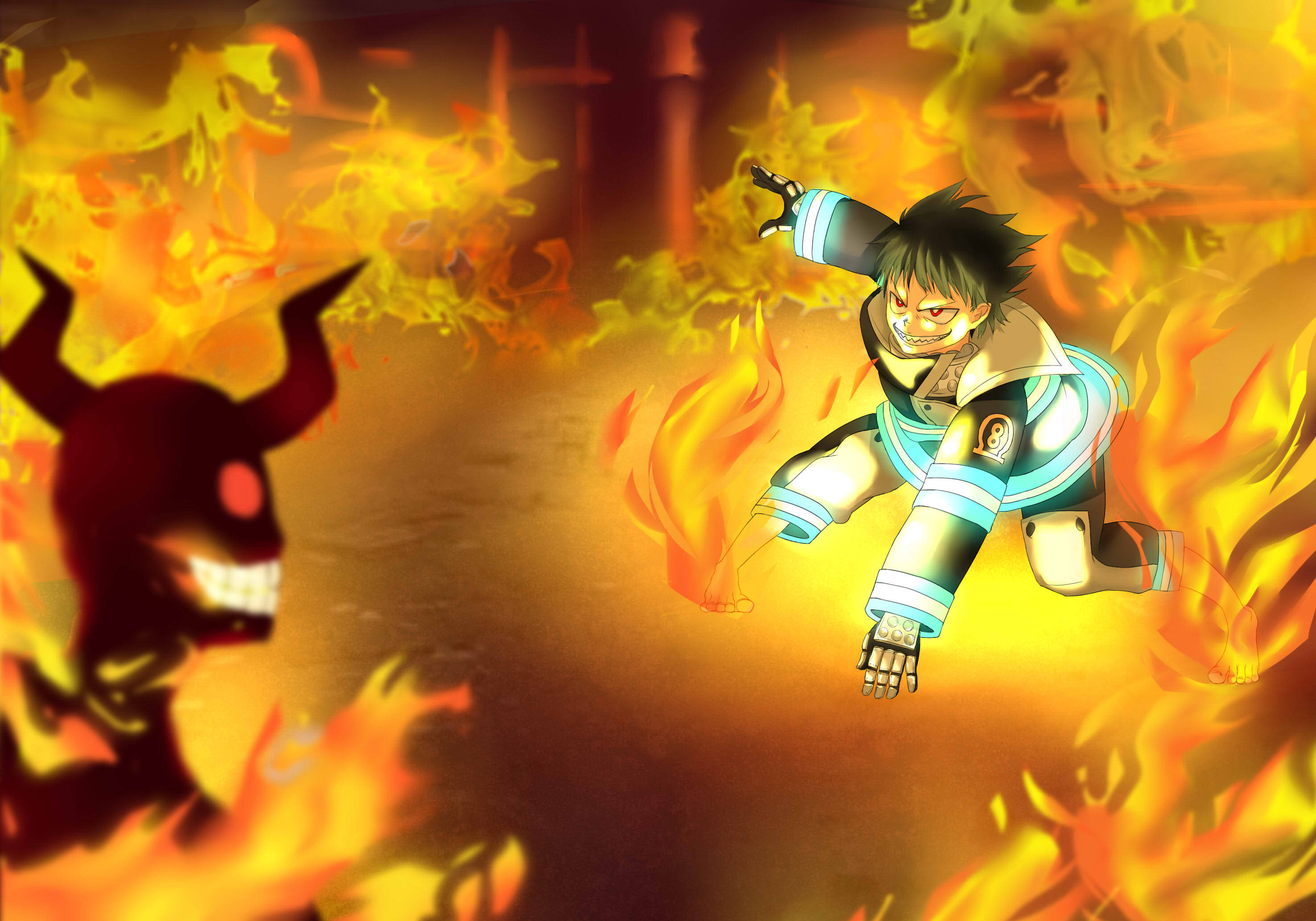 Shinra Kusakabe, teal armor, flames, 2K Desktop Wallpaper