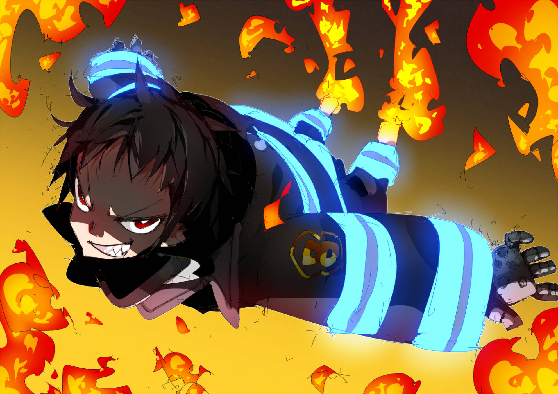 Shinra Kusakabe, blue and black uniform, blazing orange and yellow inferno, Full HD Desktop Wallpaper