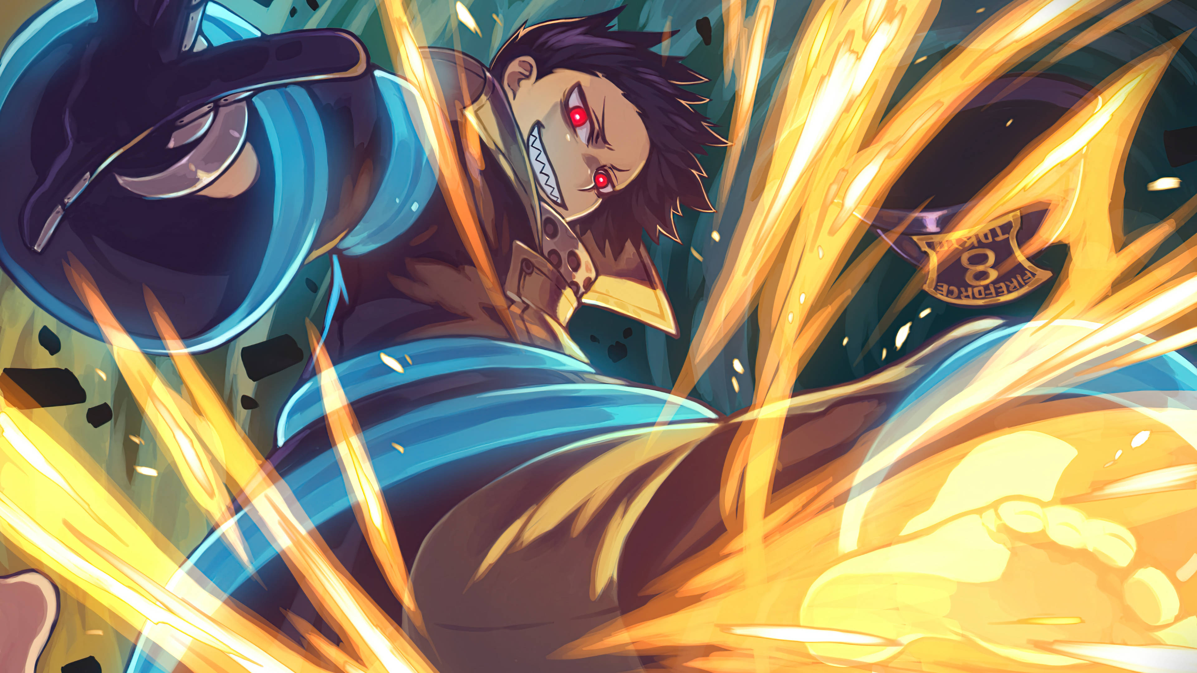 Shinra Kusakabe, fiery anime firefighter, glowing red eyes, 4K Desktop Wallpaper