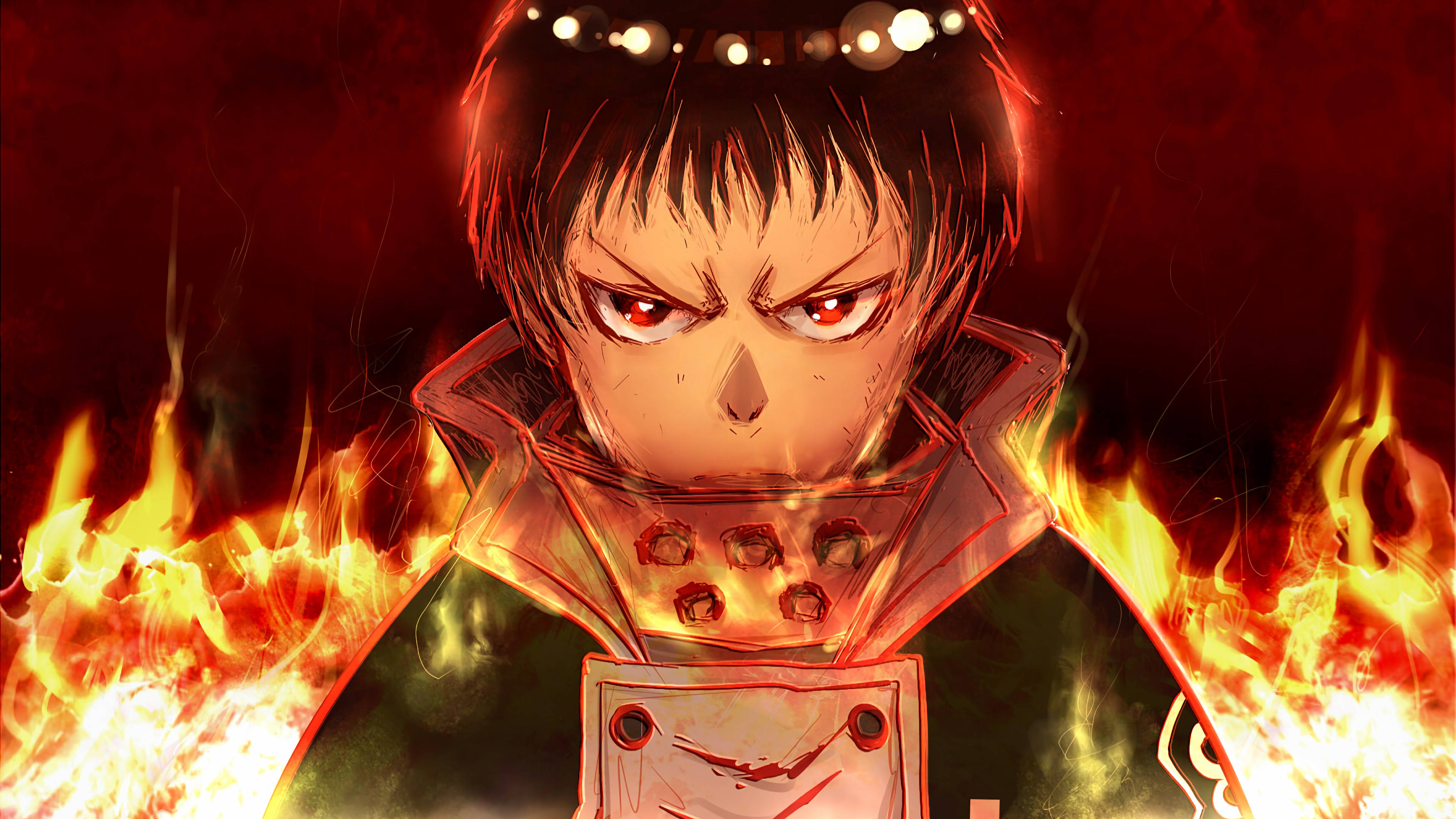 Shinra Kusakabe, glowing red eyes, fiery aura, 4K Desktop Wallpaper