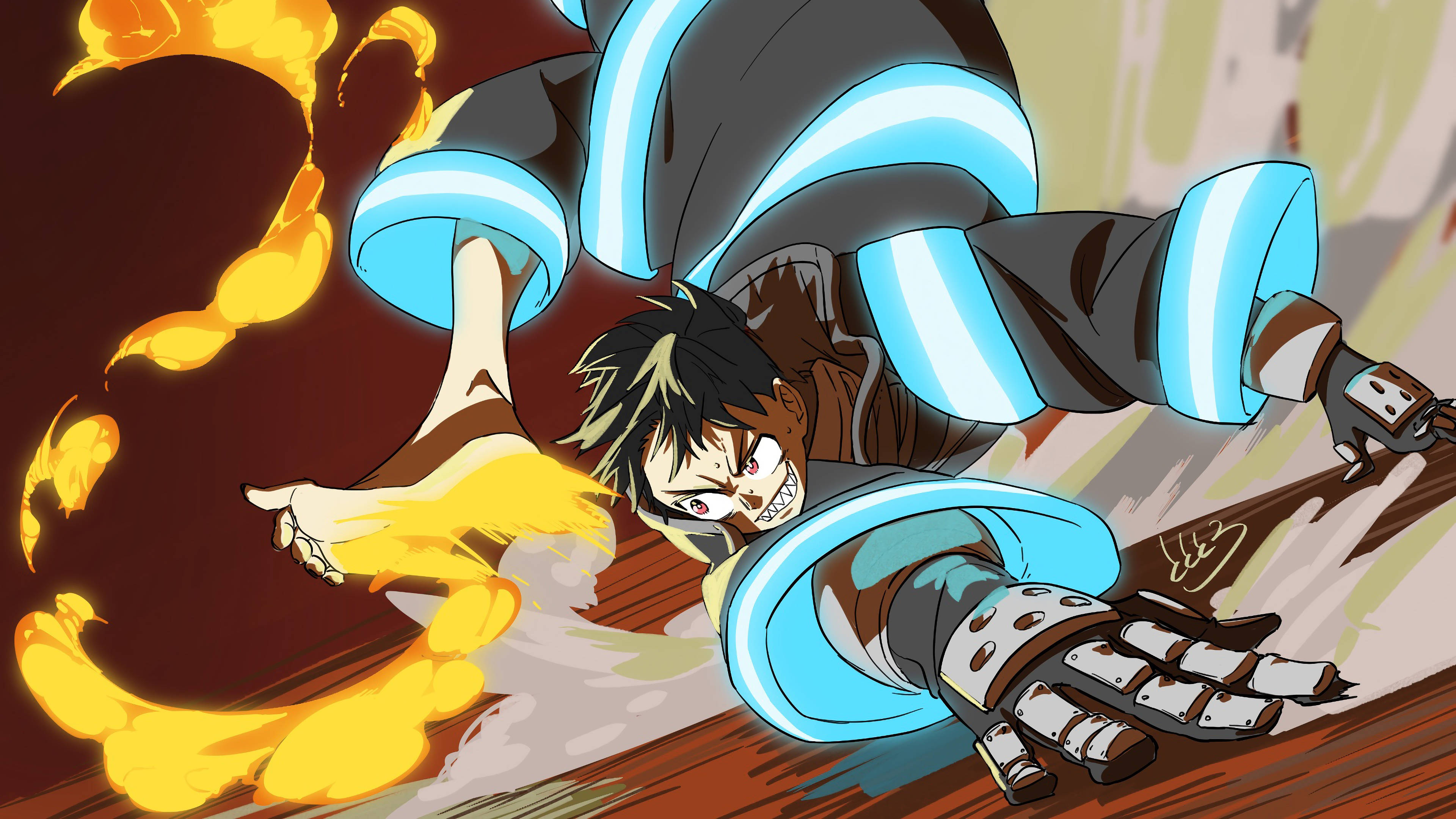Shinra Kusakabe, black hair, glowing blue armor, 4K Desktop Wallpaper
