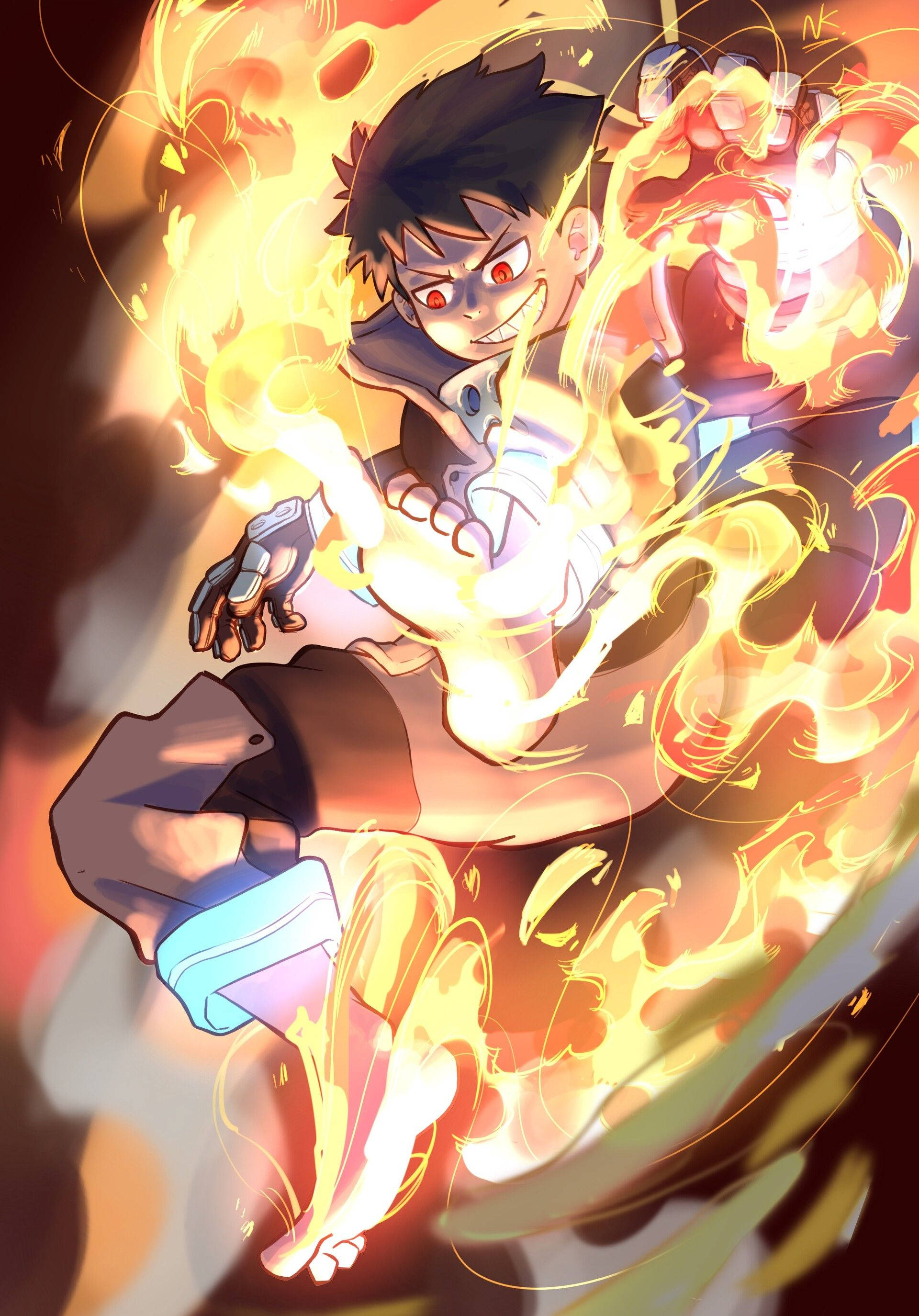 Shinra Kusakabe, glowing red eyes, fiery energy, 2K Phone Wallpaper