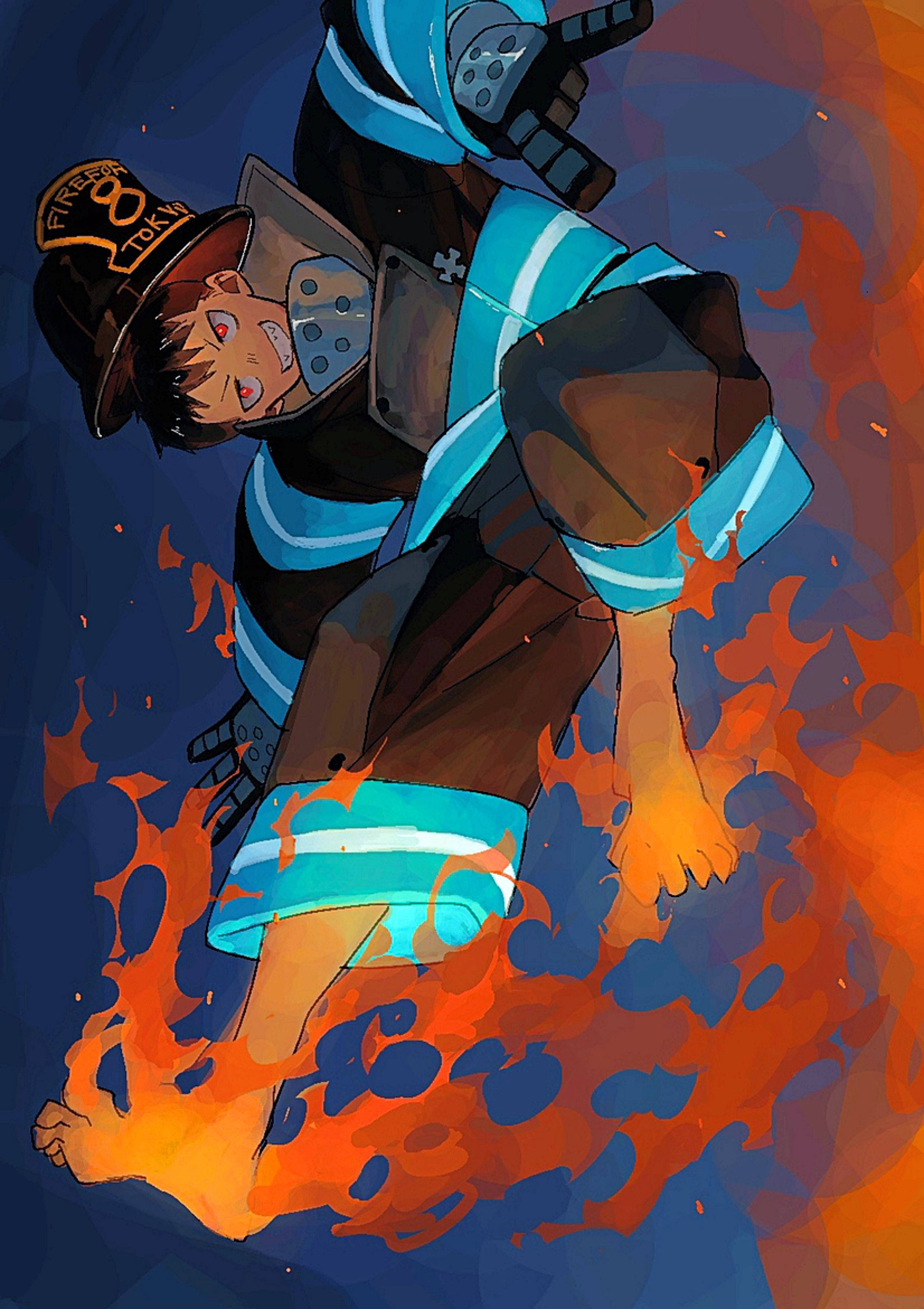 Shinra Kusakabe, anime firefighter, blue gear, 2K Phone Wallpaper