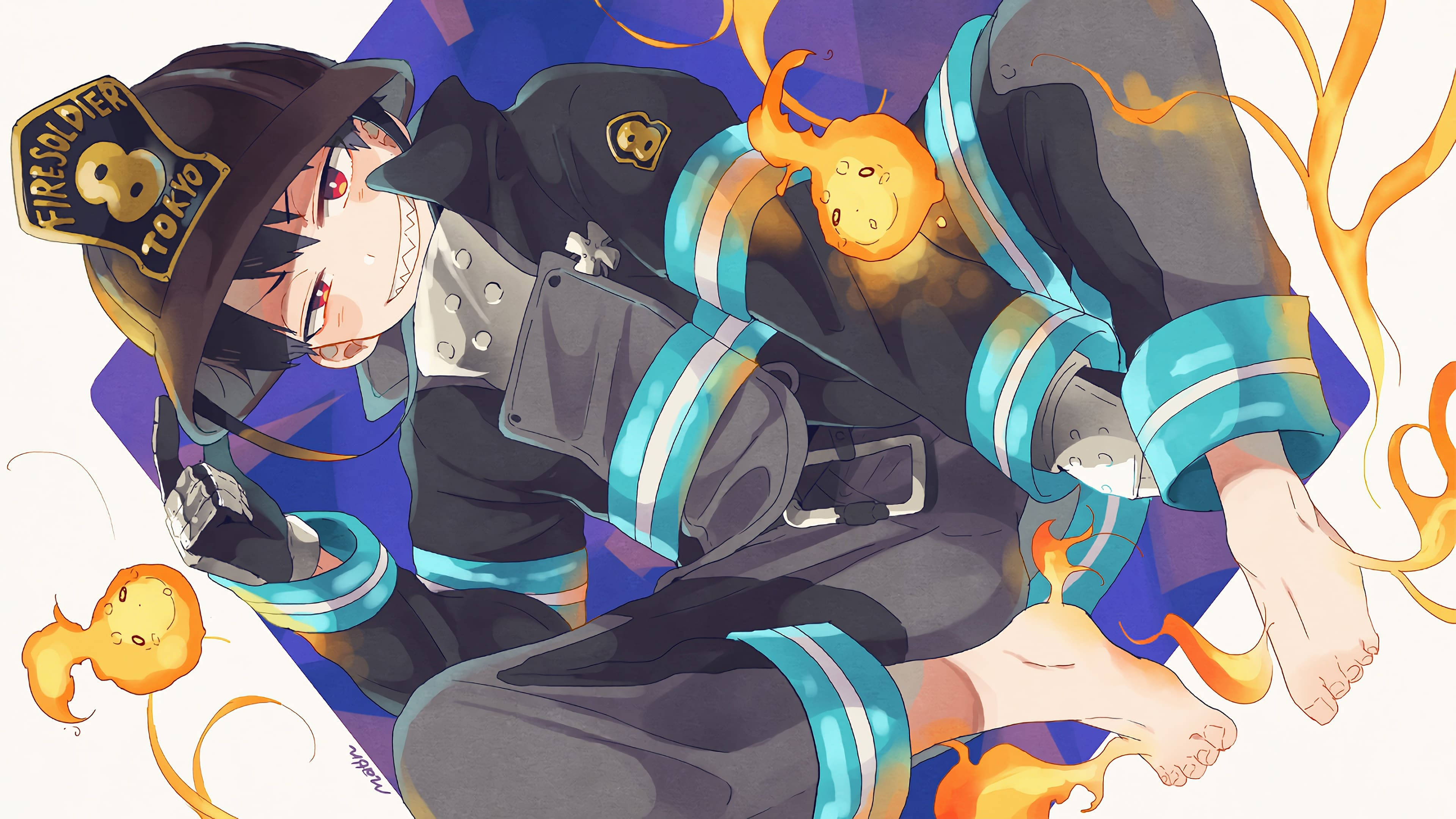 Shinra Kusakabe, anime firefighter, glowing orange flame spirits, 4K Desktop Wallpaper