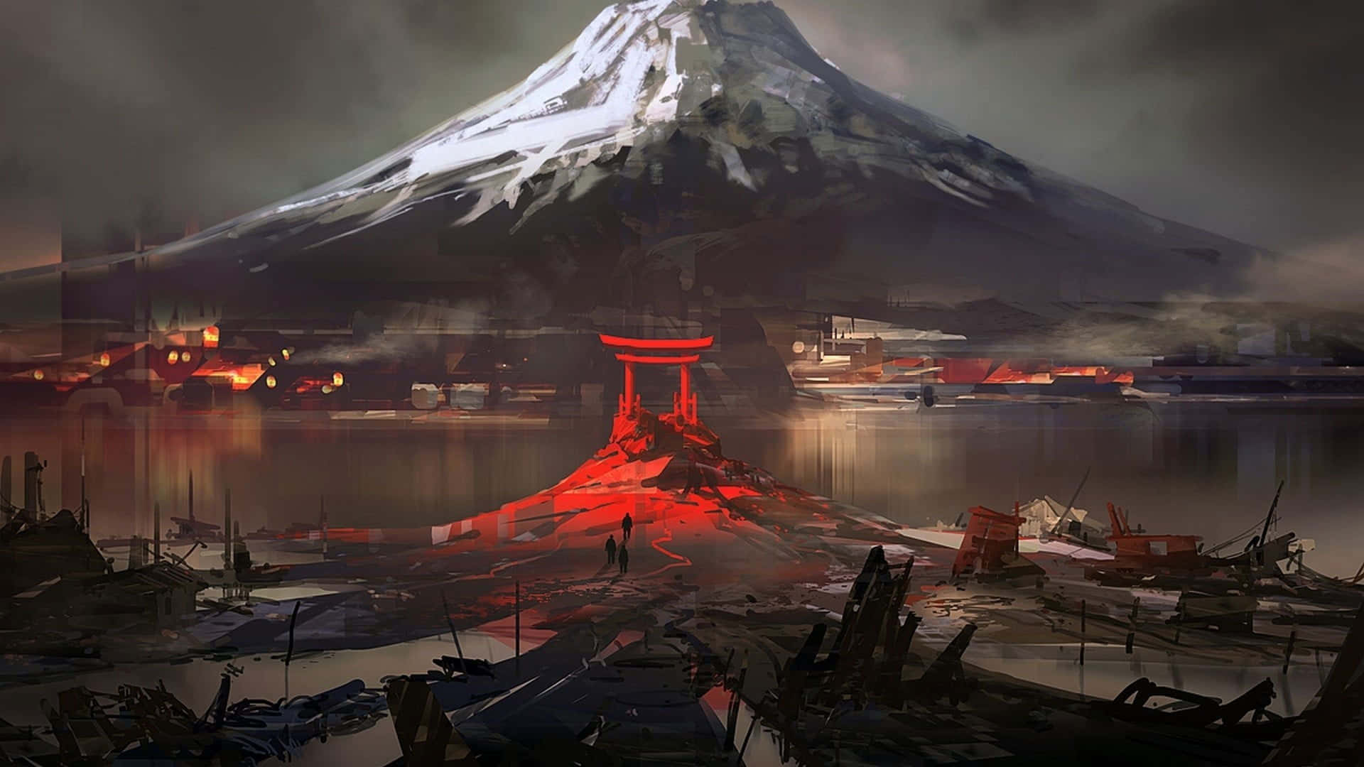 Shinto, torii gate, flooded ruins, Full HD Desktop Wallpaper