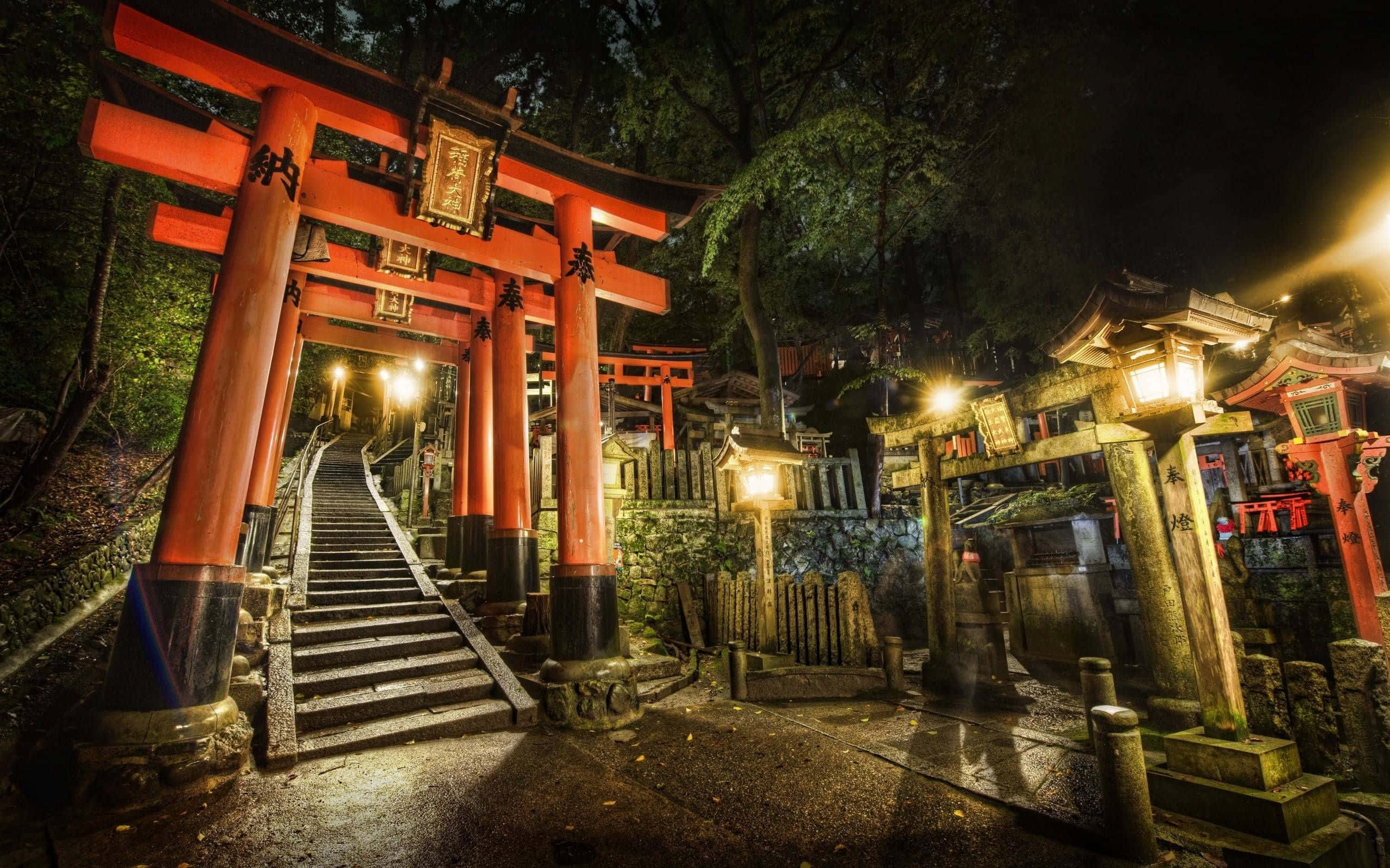 Shinto, glowing red torii gate, night, 2K Desktop Wallpaper