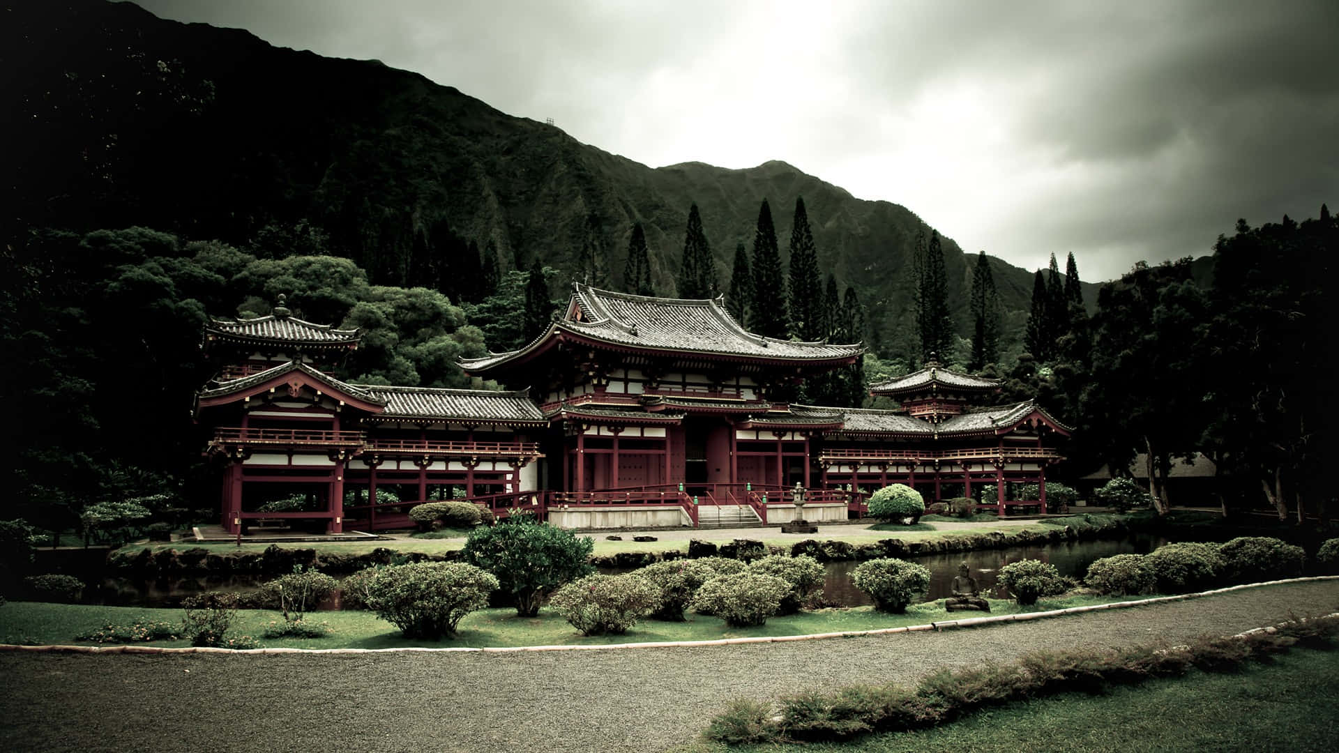Shinto, red Japanese temple complex, curved roofs, Full HD Desktop Wallpaper
