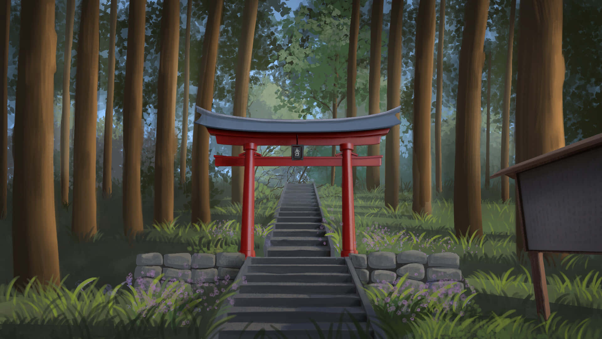 Shinto, red torii gate, forest edge, Full HD Desktop Wallpaper