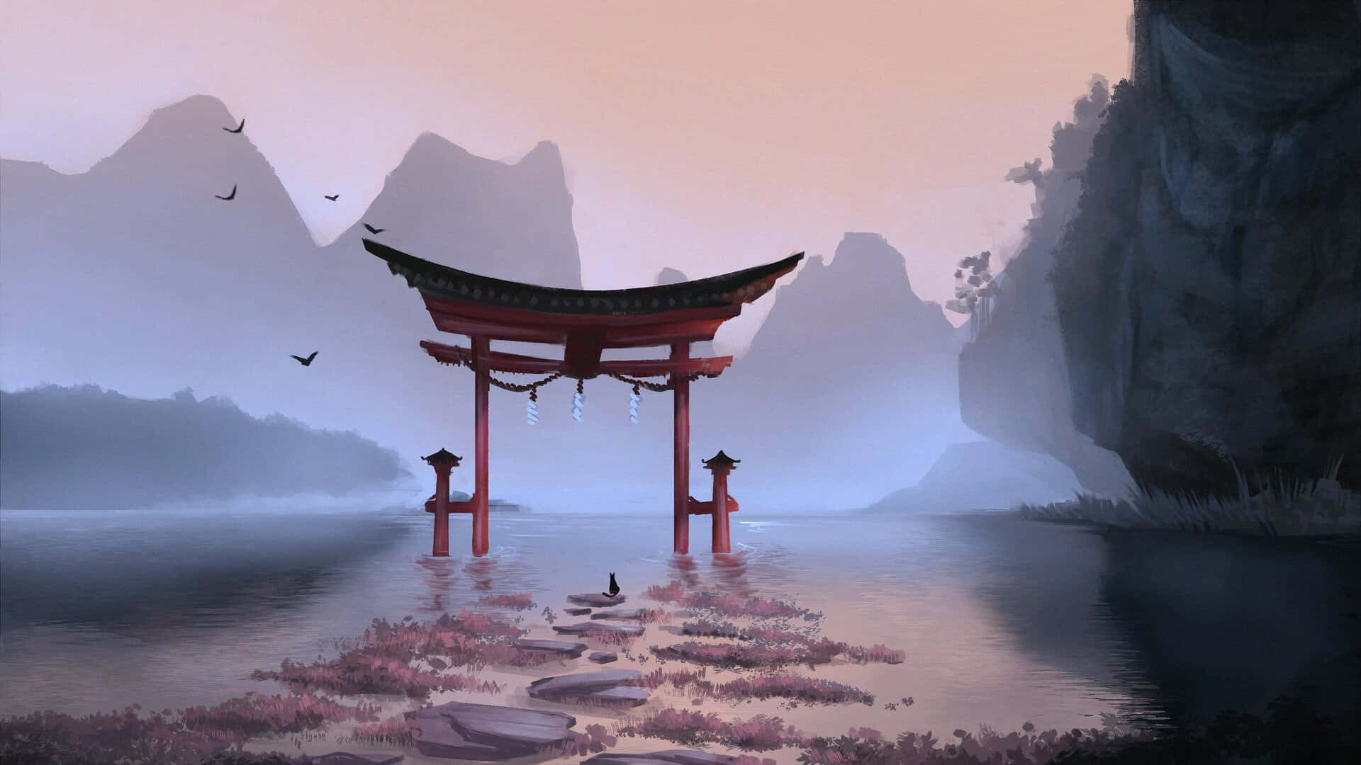Shinto, red torii gate, misty water, Full HD Desktop Wallpaper